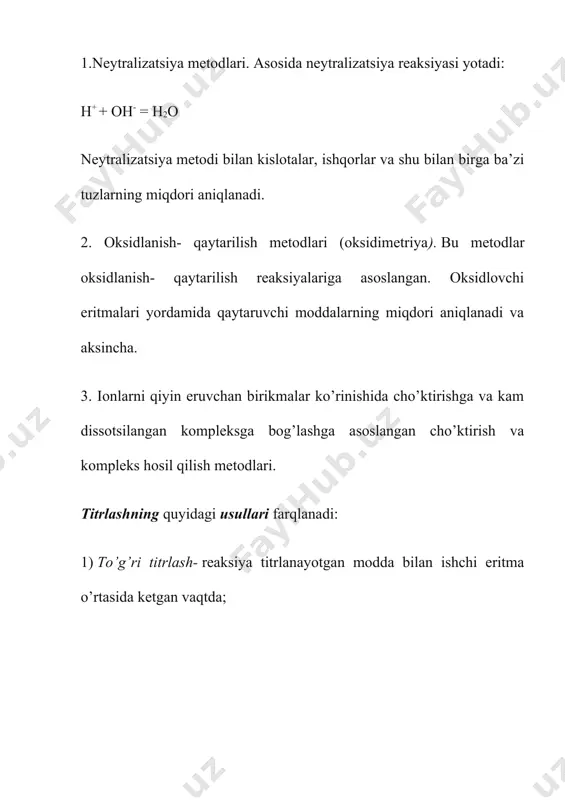 rni tanlay olmaganligi sababli to’g’ridan-to’g’ri titrlash qiyin bo’lgan hollarda qo’llaniladi.ters titrlashni odatdagi tajribada o’tkazish uchun, stoxiometrik bilan solishtirganda aniqlangan kationni o’z ichiga olgan tahlil qilingan eritmaga ortiqcha eritma qo’shiladi. edta. belgilangan kationning murakkablashuv reaktsiyasi tugagandan so’ng, ta’sirlanmagan edta ning ortiqcha miqdori indikator mavjud bo’lganda magniy, rux, qo’rg’oshin yoki boshqa kationlarning standart eritmasi bilan titrlanadi. zaxira titrlash. metall kationlarini aniqlashda ushbu usul ba’zan joy almashtirish titrlash deb ataladi. kuchli kompleksonatlar hosil qilishga qodir bo’lgan aniqlanadigan metall kationlarini o’z ichiga olgan eritma uchun, masalan, boshqa metalning kamroq kuchli kompleksonatidan iborat eritmaning ortiqcha qismi qo’shiladi. magniy yoki rux. kamroq bardoshli kompleksonat kationlarning (magniy yoki rux) chiqarilishi bilan yo’q qilinadi, keyinchalik standart edta eritmasi bilan titrlanadi. kompleksometriyada alkalimetrik titrlash. usul metalning kationlari reaktsiyasi paytida chiqariladigan vodorod ionlarining standart ishqor eritmasi bilan titrlashga asoslangan, masalan, sxema bo’yicha: m2+ + h2y2- = my2- + 2h+. vodorod ionlari alkalimetrik ravishda vodorod ionlari miqdorini aniqlash orqali reaktsiyaga uchragan …
