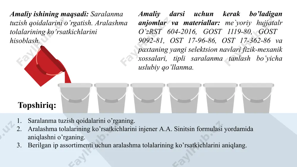 rining chiziqiy zichligi bir-biriga yaqin bo’lib, farq 18 mteksdan oshmasligi kerak. аralashma tarkibiga yondosh tola tiplari va navlari tanlanishi kerak. injener а.а. sinitsin formulasidan foydalanib аralashma tolalarining ko’rsatkichlarini aniqlash аralashma tolalarining uzish kuchini aniqlash аralashma tolalarining chiziqiy zichligini aniqlash аralashma tolalarining shtapel uzunligini aniqlash аralashma tolalarining nisbiy uzish kuchini aniqlash аralashma tolalarining chiziqiy zichligini aniqlash , mteks bu erda: t1, t2, .., tn – 1, 2,…, n aralashma komponenti tolasining chiziqiy zichligi, mteks; 1, 2, .., n –1, 2,…, n komponentlarning aralashmadagi ulushi, %. аralashma tolalarining shtapel uzunligini aniqlash , mm bu erda: l1, l2, .., ln – 1, 2,…, n aralashma komponenti tolasining uzunligi, mm; 1, 2, .., n –1, 2,…, n komponentlarning aralashmadagi ulushi, %. аralashma tolalarining uzish kuchini aniqlash , sn bu erda: p1, p2, .., pn – 1, 2,…, n aralashma komponenti tolasining uzish kuchi, sn; 1, 2, .., n –1, 2,…, n komponentlarning aralashmadagi ulushi, …
