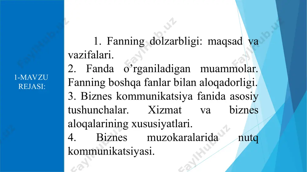 affoflik muloqotingizda ochiq va shaffof bo'ling, ma'lumot va g'oyalarni baham ko'ring. hamkorlik umumiy maqsadlarga erishish uchun birgalikda va jamoa bo'lib ishlang. kommunikatsiya turli xil aloqa vositalaridan foydalangan holda faol va samarali muloqot qiling. biznes aloqalarida kommunikatsiyaning ahamiyati. №1 – tushunish kommunikatsiya umidlar, talablar va vazifalarni aniqlashtirish va tushunishga yordam beradi, bu esa yanada samarali ishlashga olib keladi. №3 - mojarolarni hal qilish kommunikatsiya kelishmovchilik va nizolarni samarali hal qilish, hamkorlikni rivojlantirish va o'zaro manfaatli yechimlarni topish imkonini beradi. №2 - o‘zaro munosabatlarni rivojlantirish samarali kommunikatsya yaxshi ishbilarmonlik munosabatlarini rivojlantirishga yordam beradi, bu esa odamlar o'rtasida professional aloqa va ishonchni mustahkamlashga yordam beradi. ishbilarmonlik muzokaralarida nutq kommunikatsiyasi xususiyatlari. muzokaralarda samarali muloqot qilish uchun asosiy ko'nikmalar. biznesda nutqni ta'sir qilish strategiyalari. xizmat va biznes aloqalarining o’ziga xos xususiyatlarini ochib berishda quyidagi elementlar muhim hisoblanadi: jamoaviy ish (teamwork) ishbilarmonlik aloqalari va muloqot muvaffaqiyatli jamoaviy ishning asosiy elementlari hisoblanadi. ishonch va hamkorlik samarali biznes …
