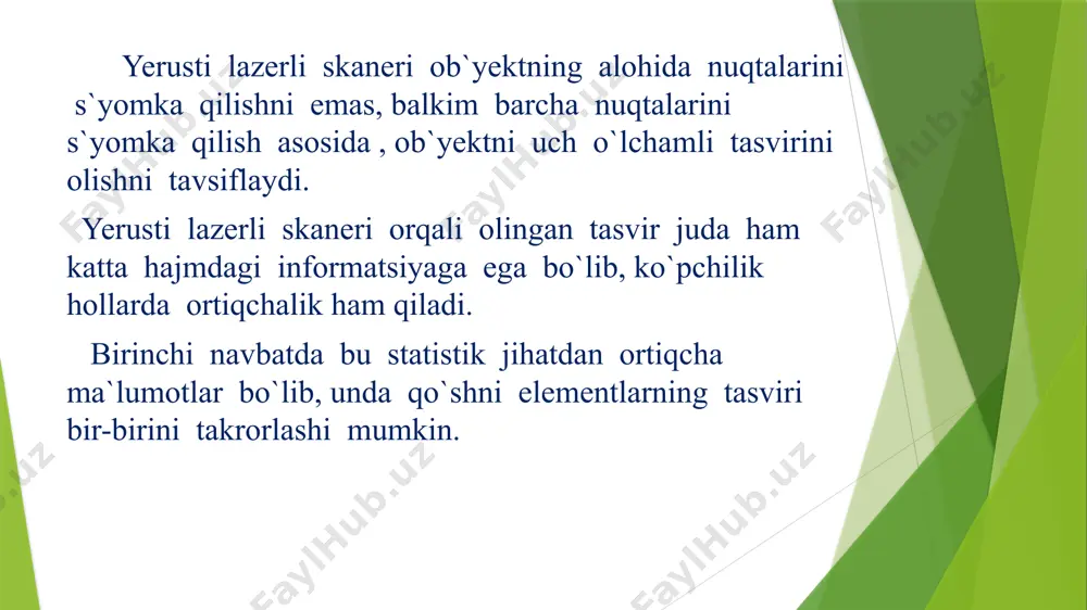 (vertikal va gorizontal) tekislikda mavjudligidir. geodezist taxeometr orqali nishonni topish uchun okulyariga qarashi shart emas, dalnomer ishga tushishi uchun uning tugmachalarini bosish va o‘lchash natijalarini xotiraga yozish va nihoyat asbobda syomka ishlarini amalga oshirish uchun uni qulay joyga o‘rnatishni hojati yuq. lazerli skaner yordamida bu ishlarning barchasi bir nuqtada turib, tez va yuqori aniqlikda (bir necha millimetrgacha) amalga oshirish mumkin. shaharsozlikda 3d printerlarni qo‘llash sohalari shaharsozlikda noyob imkoniyatlarni taqdim etuvchi 3d-printerlar yuqori aniqlik va samaradorlik bilan murakkab shakl va tuzilmalarni yaratadi. quyida shaharsozlikda 3d printerlarning qo‘llanilish sohalari keltirilgan: prototiplar va maketlarni yaratish: 3d printerlar binolar va infratuzilmaning tez va aniq prototiplarini yaratish imkonini beradi. bu arxitektorlar, muhandislar va quruvchilarga qurilish boshlanishidan oldin dizayn, tashqi ko'rinish va funksional baholashga yordam beradi. arxitektura elementlari: 3d-printer fasadlar, dekorativ elementlar, ustunlar va kornizlar kabi noyob arxitekturaviy elementlarni yaratish uchun ishlatiladi. bu binolarga o‘ziziga xos uslub va ko‘rinish berish imkonini beradi. modulli qurilish: 3d printerlar …