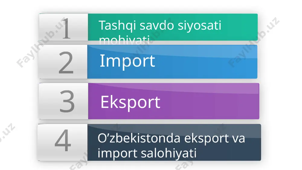 sh uchun chet el tovarlari, xizmatlar, texnologiyalar, kapitallar, qimmatli qogozlar va b. keltirish. aytaylik, import tariflari joriy qilingunga qadar ichki ishlab chiqarish hajmi s1, ichki talab hajmi esa d1 teng bo’lgan. talab va taklif o’rtasidagi farq (d1-s1) import hisobiga qoplangan. mamlakat iqtisodiyoti yopiq bo’lganida baholar darajasi re ga teng, talab va taklif muvozanati esa ye nuqtada o’rnatilgan bo’lar edi. mamlakat iqtisodiyoti ochiq bo’lgani va importga cheklovlar yo’qligi tufayli milliy bozordagi narxlar jahon bozori narxlari pw bilan bir xil. importga tarif joriy qilinishi natijasida ichki baholar pw dan pd ga qadar ko’tariladi. natijada: pd = pw+( pw× tarif stavkasi) business infographic ishlab chiqarish subsidiyasining tariflardan afzalligi shundan iboratki, u bir tomondan, milliy ishlab chiqarishni o’sishini ta’minlasa, ikkinchi tomondan, iste’molning mutlaq kamayishiga olib kelmaydi. chunki, ichki narxlar jahon narxlaridan qimmatlashmaydi. miliy ishlab chiqaruvchilarni xorijiy firmalar raqobatidan himoya qilishning muqobil usuli ularga bevosita subsidiya berish hisoblanadi. jahon amaliyotida tashqi iqtisodiy faoliyatni tartibga solishning …