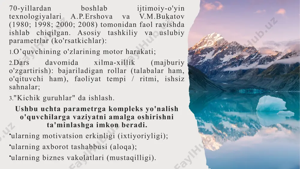alar berilgan. qoidalar yordamida o'qituvchi o'yinni, bilim faoliyati jarayonlarini, bolalarning xatti-harakatlarini boshqaradi. qoidalar didaktik vazifani hal qilishga ham ta'sir qiladi - ular bolalarning harakatlarini sezilmas darajada cheklaydi, ularning e'tiborini o'quv mavzusining aniq vazifasini bajarishga yo'naltiradi. xulosa qilish natijalar (natija) - o'yin tugagandan so'ng darhol amalga oshiriladi. bu gol bo'lishi mumkin; o'yin vazifasini yaxshiroq bajargan bolalarni aniqlash; g'olib jamoani aniqlash va hk. har bir bolaning yutuqlarini qayd etish, orqada qolgan bolalarning yutuqlarini ta'kidlash kerak. sahnalashtirilgan о‘yinlar bolalar biror ertak yoki hikoya syujeti asosida ma’lum bir rolni bajarishiga, o‘yin jarayonidagi personajlarning aytadigan so‘zlarining yod olinishiga asoslangan bo’lib, bolalarda iroda, intizom, o‘z harakatlarini boshqalarning harakatiga muvofiq amalga oshirish kabi sifatlarni tarbiyalashda samarali vosita sanaladi.sahnalashtirilgan o‘yinlarni tashkil etish quyidagi bosqichlarni o‘z ichiga qamrab oladi: i-bosqich. sahnalashtirish uchun badiiy asarni tanlash. badiiy asami tanlashda quyidagi talablarga rioya qilish kerak: ertak yoki hikoyada qatnashuvchilar soni ko‘p bo‘lishi kerak; asarning nafaqat mazmuni, balki unda harakatlarning ham turfa …