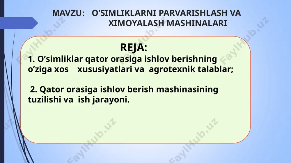 uproqqa ko’mib ketishi lozim. 2. kultivatorning umumiy tuzilishi . krx-4 kultivatorini umumiy ko’rinishi: 1-kultivatorni oldingi qismi; 2-kultivatorni orqa qismi; 3-o’g’it solish qurilmasi; 4-ishchi qismlari kultivatorning tuzilishi: 1-oldingi rama; 2-keyingi rama; 3-tortqich; 4-ishchi qism; 5-gidrotsilindr; 6-o’g’it yashigi; 7- o’g’it o’tkazgich kultivatorning ishchi qismlari a- o’g’itlash soshnigi; b-yulduzcha; v- bir tomonlama kesuvchi pichok; g- o’qyoypanja; d-diskli pichok; ye-yumshatkich panja; kombinatsiyalashtirilgan o’g’it solgich; z- yumshatgichlar kultivator ishchi qismlarining o’rnatish o’lchamlari kultivator ishchi qismlarini o’rnatish o’lchamlari: 1-lappak (disk); 2-ulduzcha; 3-pichoq; 4-chuqur yumshatgich; 5-panja; 6-o’g’it solgich; 7-egat olgich g’o’za qator orasiga ishlov berishda kultivator ishchi qismlarini o’rnatish sxemalari a – yumshatuvchi ishchi qismlar b - kesuvchi ishchi qismlar g’o’za qator orasi 60 sm g’o’za qator orasi 90 sm * mevazor bog’lardagi daraxtlar qator orasiga ishlov berish mashinasi mevazor bog’lardagi daraxtlar qator orasiga ishlov berish hamda bir vaqtda o’g’itlash va begona o’tlarni yo’qotishda maxsus bog’ kultivatorlaridan foydalaniladi bog’ kultivatorining tuzilishi va ish jarayoni: 1-rama, 2-ishlov berish …
