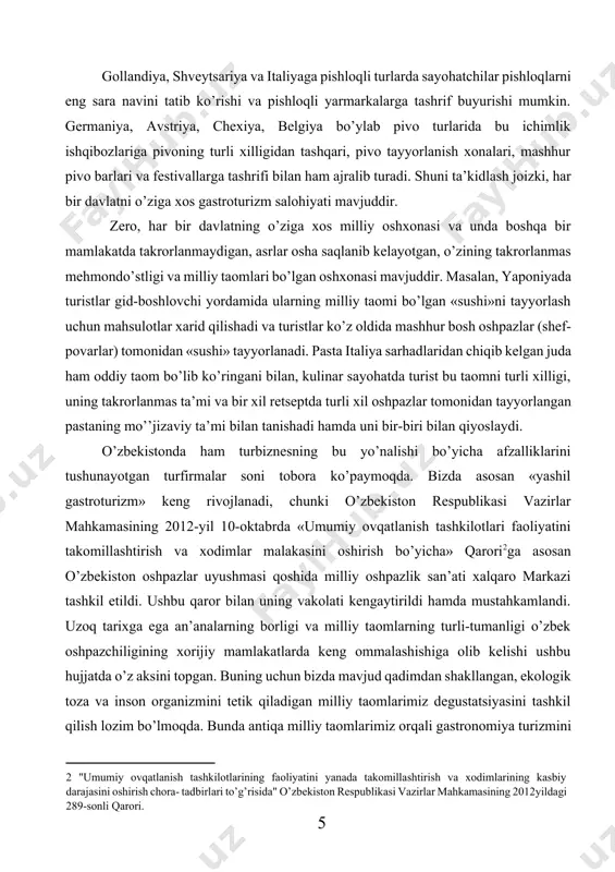 m mazali hisoblanadi. [2: "umumiy ovqatlanish tashkilotlarining faoliyatini yanada takomillashtirish va xodimlarining kasbiy darajasini oshirish chora- tadbirlari to’g’risida" o’zbekiston respublikasi vazirlar mahkamasining 2012yildagi 289-sonli qarori. ] 2. o’zbekistonda gastronomiya turizmini shakllantirish xususiyatlari pazandachilikda har bir xalqning urf-odatlari, tarixiy an’analari va o’ziga xos xususiyatlari aks etadi. mana shu o’ziga xoslik milliy oshxonalarda ajoyib taomlarning yuzaga kelishi va turli-tuman bo’lishiga ham sabab bo’ladi. barcha taomlarimizning mazali va xushta’mlilik darajasiga ko’tarilishida quyoshli o’lkamiz zaminida yetishtiriladigan dehqonchilik mahsulotlarining xilma-xilligi muhim ahamiyat kasb etadi. dasturxonimizning o’ziga xos xususiyatlarini to’la namoyon etadigan omillardan biri – taomlarimizning turlitumanligidir. chunonchi, chorvachilik bilangina shug’ullanadigan joylarda go’sht-yog’, sut-qatiq ko’proq iste’mol qilinsa, dehqonchilik rivojlangan hududlarda esa sabzavotli, don-dukkakli ovqatlar asosiy o’rin oladi. shunday taomlar borki, bularni kundalik iste’mol uchun emas, balki bayram dasturxonlariga mo’ljallab, aziz mehmonlar uchun tayyorlanadi. qazi-qarta, po’stdumba o’ramasi, tandir kabob, norin, xasip kabi tansiq taomlar shular jumlasiga kiradi. bir hududda yashayotgan turli millatlar va elatlarning taomlari bir-biriga o’xshashi …