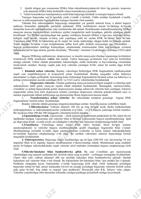 'lum bir oziq -ovqat genetik modifikatsiyalangan organizm orqali ishlab chiqarilsa, u genetik modifikatsiyalangan oziq -ovqat bo'ladi. oziq -ovqat va dori -darmon ishlab chiqarish gen muhandisligi orqali amalga oshiriladigan asosiy amaliyot bo'lib kelgan. bundan tashqari, gen muhandisligidan foydalanish qishloq xo'jalik ekinlariga foyda keltira boshladi, shunda hasharotlar yoki gerbitsidlarga qarshi immunitet kuchayadi. gen (yun. genos — urugʻ, kelib chiqish) — irsiyatning elementar birligi va moddiy asosi. gen organizm belgi va xususiyatlarini nasldan naslga oʻtkazish funksiyasini bajaradi. gen tushunchasini genetikaga daniyalik olim v. iogansen (1909) kiritgan. gen dnk (baʼzi viruslarda rnk) molekulasining bir qismi boʻlib, tirik hujayra oqsillaridan birining tuzilishini belgilab beradi va shu oqsillar orqali ayrim belgi yoki xossalarning rivojlanishini taʼminlaydi. organizmning turga xos va individual xususiyatlari toʻgʻrisidagi jami genetik axborot, yaʼni genlar yigindisi — genotipa" boʻladi. barcha organizmlar, jumladan bakteriya va viruslarning irsiyati gendagi nukleotidlarning dnkda joylashishi tartibiga va ularning soniga bogʻliq. yuksak rivojlangan organizmlarda gen maxsus nukleoproteid tuzilmalar — xromosomalar …