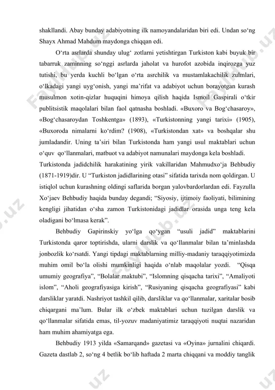 zamon turkistonidagi jadidlar orasida unga teng kela oladigani bo‘lmasa kerak”. behbudiy gapirinskiy yo‘lga qo‘ygan “usuli jadid” maktablarini turkistonda qaror toptirishda, ularni darslik va qo‘llanmalar bilan ta’minlashda jonbozlik ko‘rsatdi. yangi tipdagi maktablarning milliy-madaniy taraqqiyotimizda muhim omil bo‘la olishi mumkinligi haqida o‘nlab maqolalar yozdi. “qisqa umumiy geografiya”, “bolalar maktubi”, “islomning qisqacha tarixi”, “amaliyoti islom”, “aholi geografiyasiga kirish”, “rusiyaning qisqacha geografiyasi” kabi darsliklar yaratdi. nashriyot tashkil qilib, darsliklar va qo‘llanmalar, xaritalar bosib chiqargani ma’lum. bular ilk o‘zbek maktablari uchun tuzilgan darslik va qo‘llanmalar sifatida emas, til-yozuv madaniyatimiz taraqqiyoti nuqtai nazaridan ham muhim ahamiyatga ega. behbudiy 1913 yilda «samarqand» gazetasi va «oyina» jurnalini chiqardi. gazeta dastlab 2, so‘ng 4 betlik bo‘lib haftada 2 marta chiqqani va moddiy tanglik tufayli 45 sonidan keyin to‘xtagani ma’lum. «oyina» o‘lkadagi o‘zbek tilida chiqqan birinchi jurnal edi. u xalq orasida ancha mashhur bo‘lgan. boshida haftada bir, 1914 yildan esa har o‘n besh kunda chiqqan. munavvar qori abdurashidxonov milliy matbuotning …