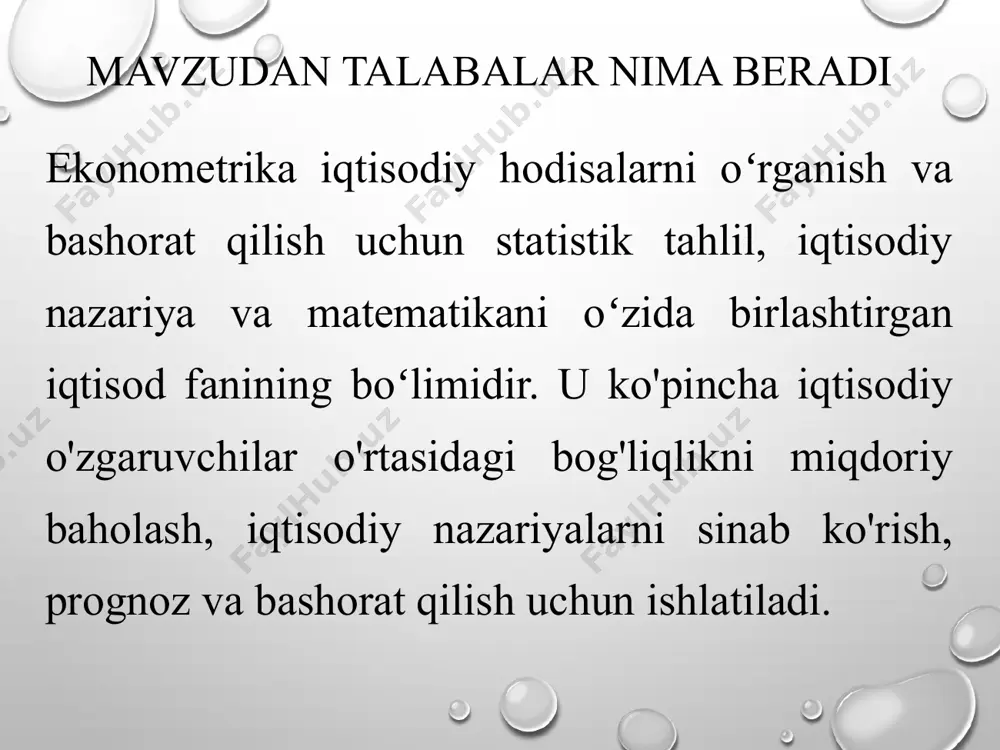 ekonometrikaning maqsadi bu real iqtisodiy ob’ektlarni modellashtirish va miqdoriy tahlil qilishning usullarini ishlab chiqishdan iborat ekonometrikaning vazifalari: modelni spetsifikatsiya qilish - empirik tahlil uchun ekonometrik modellarni tuzish. modelni parametrlashtirish - tuzilgan model parametrlarini baholash. modelni verifikatsiya qilish - model parametrlari sifatini va butun modelning o‘zini tekshirish model asosida prognoz qilish - ekonometrik modellashtirish natijalari bo‘yicha aniq iqtisodiy hodisalar uchun prognozlar tuzish va takliflar ishlab chiqish an’anaviy ekonometrik metodologiyalar quyidagi yo’nalishlarda olib boriladi nazariya yoki gipotezaning qo’yilishi nazariyaning matematik modelini aniqlashtirish statistik yoki ekonometrik modelni aniqlashtirish ma’lumotlarni to’plash ekonometrik model parametrlarini baholash gipotezalarni testdan o’tkazish prognozlash yoki oldindan aytish boshqarish maqsadlari uchun modeldan foydalanish iqtisodiyotni ekonometrik modellashtirishning zarurligi ekonometrik modellash iqtisodiy ko‘rsatkichlarni o‘zgarish qonuniyatlarini, tendensiyalarni aniqlash natijasida ekonometrik modellar yordamida iqtisodiy jarayonlarni rivojlanish va prognozlash yo‘llarini belgilaydi. . asosiy ekonometrik usullar ekonometrik iqtisodiy o‘sish nazariyasi, ishlab chiqarish funksiyasi nazariyasi, talab va taklif nazariyasi dispersion tahlil, korrelyatsiya tahlili, regressiya tahlili, omilli tahlil, …