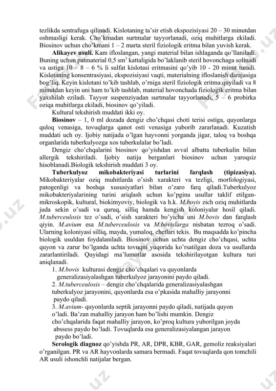 lashgan parda hosil qiladi. zich oziq muhitlarda boshida zo’rg’a ko’rinadigan mikrokoloniyalar paydo bo’lib, keyin kattalashib boradi. oziq muhit yuzasida mayda yoki katta, yaltiroq yoki xira, silliq yoki kengish bir – ikkita koloniyalar ko’rinadi, ular birlashib ketib, yuza bilan bitta oqish qatlam hosil qilishi ham mumkin. chidamliligi. tuberkulyoz tayoqchalari fizikaviy va kimyoviy ta’sirlarga ancha chidamlidir. kulturalarda, ular odatda 8-10 oydan keyin o’ladi. bakteriyalar qurigan balg’amda 7 – 10 oy, chirigan organlarda 2 – 6 oy, go’ngda 7 – 10 oy, suvda 2 oy, tuproqda 2 yildan ortiq yashaydi; sut 85ocqizdirilganda 30 minutda, qaynatilganda 3 – 5 minutda o’ladi. dezinfeksiyalovchi moddalar – 5% fenol, 20 % li yangi so’ndirilgan ohak, 3 – 5 % li lizol, 3 % formaldegid va h. k. lar ta’sirida tuberkulyoz tayoqchasi 12 – 24 soatda o’ladi. go’ng biotermik zararsizlantiriladi. antigen tuzilishi. tuberkulyoz bakteriyasi antigenlarining aktivligi past. antigenning protektiv xususiyatlari mikol kislotasining birikmalari bilan bog’liq. immunitet tuberkulyozda nosteril, …