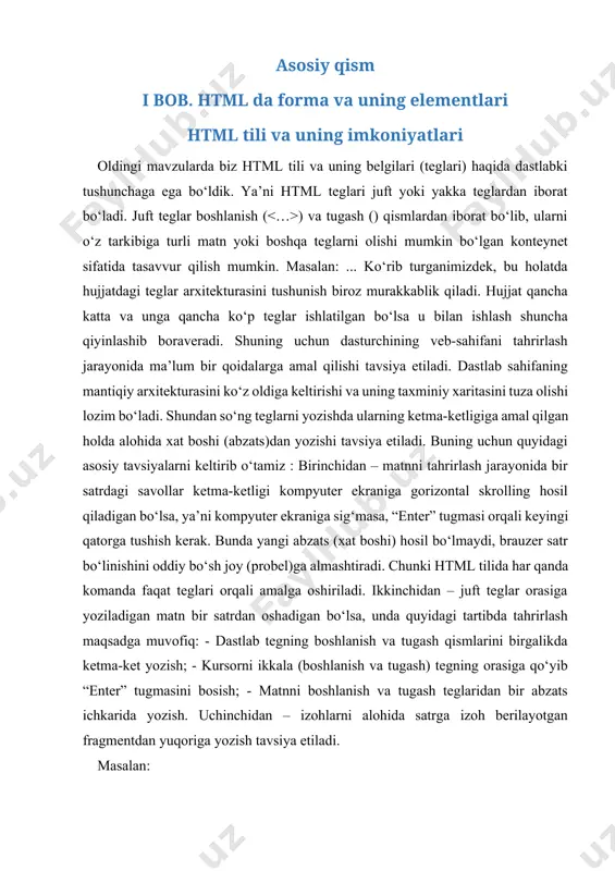 atda hujjatdagi teglar arxitekturasini tushunish biroz murakkablik qiladi. hujjat qancha katta va unga qancha ko‘p teglar ishlatilgan bo‘lsa u bilan ishlash shuncha qiyinlashib boraveradi. shuning uchun dasturchining veb-sahifani tahrirlash jarayonida ma’lum bir qoidalarga amal qilishi tavsiya etiladi. dastlab sahifaning mantiqiy arxitekturasini ko‘z oldiga keltirishi va uning taxminiy xaritasini tuza olishi lozim bo‘ladi. shundan so‘ng teglarni yozishda ularning ketma-ketligiga amal qilgan holda alohida xat boshi (abzats)dan yozishi tavsiya etiladi. buning uchun quyidagi asosiy tavsiyalarni keltirib o‘tamiz3: birinchidan – matnni tahrirlash jarayonida bir satrdagi savollar ketma-ketligi kompyuter ekraniga gorizontal skrolling hosil qiladigan bo‘lsa, ya’ni kompyuter ekraniga sig‘masa, “enter” tugmasi orqali keyingi qatorga tushish kerak. bunda yangi abzats (xat boshi) hosil bo‘lmaydi, brauzer satr bo‘linishini oddiy bo‘sh joy (probel)ga almashtiradi. chunki html tilida har qanda komanda faqat teglari orqali amalga oshiriladi. ikkinchidan – juft teglar orasiga yoziladigan matn bir satrdan oshadigan bo‘lsa, unda quyidagi tartibda tahrirlash maqsadga muvofiq: - dastlab tegning boshlanish va …
