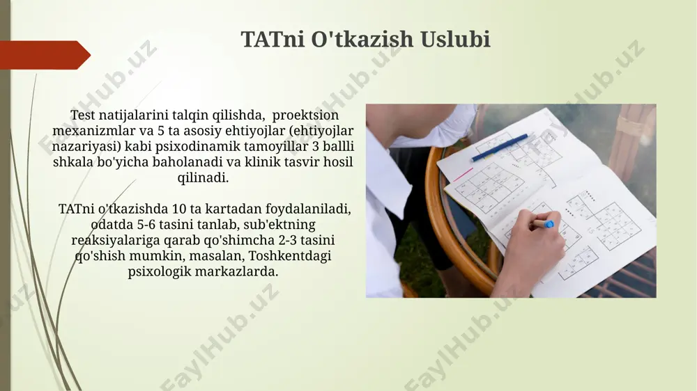 test natijalarining nisbiy barqarorligini ko'rsatadi. tatning afzalliklari va kamchiliklari tat, masalan, samarqand shahridagi o'spirinlar bilan ishlashda, tahlilning murakkabligi va 50 yildan ortiq tarixga ega bo'lishiga qaramay, proyektiv testlar orasida o'zining o'rniga ega. tatning kamchiliklari sifatida, natijalarni subyektiv talqin qilish ehtimoli va 5-10 ball shkalasi bo'yicha baholashning aniqligi pastligi, shuningdek, madaniy farqlar hisobga olinmaganligi muhim ahamiyatga ega. e'tiboringiz uchun rahmat @taqdimot_robot image1.jpg image2.jpg image3.jpg image4.jpg image5.jpg image6.jpg image7.jpg image8.jpg image9.jpg image10.jpg