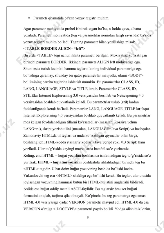 text fayl bo'lib, .html qisqartmasiga ega. eslatib o’tish joiz, hujjat yaratilgach, uni matn formatida saqlash kerak. lekin, bu ishni bajarishdan oldin uning kengaytmasini o’zgartirish, ya'ni txt o’rniga html yoki htmni qo’yishni esdan chiqarmaslik kerak. html va htm kengaytmasi html fayl uchun standart hisoblanadi. bundan tashqari, bu kengaytmalar kompyuterga faylda matnlardan tashqari html kodlari ham mavjudligini ko’rsatib turadi. html tili harflar razmeriga befarqdir, ya'ni bosh va kichik harflar bir xil qabul qilinadi. lekin teglarni yozishda ko’pincha bosh harflardan foydalaniladi. bundan tashqari, html sahifani yaratish uchun maxsus dasturlarni qidirib topib, sotib olish shart emas. matn tahrirlovchi har qanday dastur orqali html sahifa yaratish mumkin. masalan: windows muxitidagi matn muxarrirlari: notepad, textpad, ultraedit, edutplus. ana shunday matn tahrirlovchi oddiy dasturlardan biri bo'lgan notepad (блокнот), windows muhitida ishlovchi har bir kompuytreda mavjud. ba'zi matn muxarrirlarida html hujjatni web brauzerda sinab ko’rish tugmasi mavjud. html xujjatni yaratishga mo’ljallangan maxsus dasturlar (html muxarrirlar) ham mavjud: frontpage, …