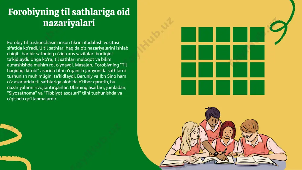 v funksiyalarini ta'kidlaydi, bu esa zamonaviy tilshunoslikda ham muhim ahamiyatga ega. beruniyning til sathlariga oid fikrlari hozirgi lingvistika bilan qiyoslanganda, ba'zi umumiyliklar ko'zga tashlanadi. masalan, beruniy tilni tushunishda mantiqiy asoslarni ta'kidlagan. ushbu nazariyalar, zamonaviy tilshunoslikning ba'zi asosiy tamoyillari bilan bir qatorda, yangi tadqiqotlar uchun asos bo'lib xizmat qilishi mumkin. misol sifatida, beruniy nazariyasi va zamonaviy tilshunoslikdagi sathlar o'rtasidagi bog'lanishni o'rganish mumkin. beruniy asarlarida til sathlari tahlili beruniy asarlarida til sathlari qanday namoyon bo‘ladi? beruniy, o‘z asarlarida tilni qatlamlarga ajratgan holda, har bir sathning o‘ziga xos xususiyatlarini ta’kidlaydi. misol uchun, sintaktik sathda u gap tuzilishini, morfologik sathda esa so‘zlarning o‘zgarishini keltiradi. har bir sath uchun keltirilgan misollar, uning nazariyalarini yanada mustahkamlovchi manbalar sifatida xizmat qiladi. zamonaviy tahlilga kiritilganida, beruniy asarlaridagi til sathlari, tilshunoslik sohasidagi ilg‘or g‘oyalar va yondashuvlar bilan bog‘lanadi. bu esa, uning ilmiy merosini yanada boyitadi va yangi izlanishlarga yo‘l ochadi. photo by jeswin thomas on unsplash ibn sinoning til …