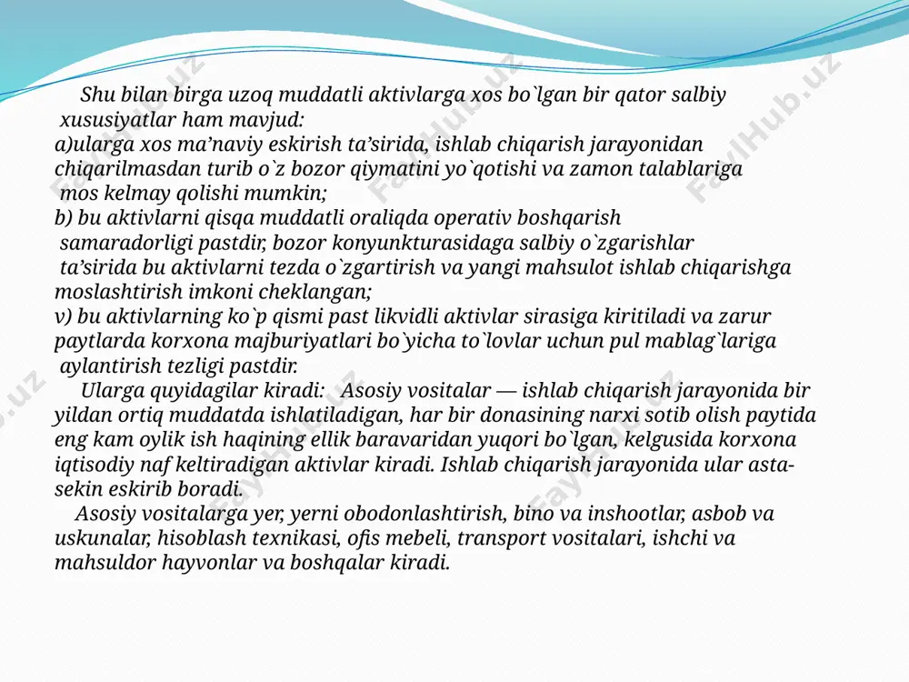 zmat muddatiga ega mehnat vositalari kiritilgan. qishloq xo`jaligida asosiy vositalar tarkibiga qiymatidan qat’iy nazar qishloq xo`jaligi mashina va asboblari, voyaga etgan ish hayvonlari va mahsuldor chorva mollari kiradi. asosiy fondlar ishlab chiqarishga taalluqli va noishlab chiqarishga taalluqli fondlarga bo`linadi. ishlab chiqarishga taalluqli asosiy fondlar mahsulot ishlab chiqarish jarayonida bevosita ishtirok etadi. shu bilan birga mahsulot ishlab chiqarish sohasida bevosita ishtirok etmaydigan noishlab chiqarish fondlaridan ham foydalaniladi. ular xo`jalikning dam olish xonalari, hammom va dush kabi maishiy xaraktyerdagi bino-inshootlaridan tashkil topadi. noishlab chiqarish fondlari mahsulot ishlab chiqarish jarayonida bevosita ishtirok etmasada, ular fermer xo`jaligida mehnat resurslarining ishchi kuchini qayta tiklash va mehnat unumdorligini oshirishda muhim omil bo`lib xizmat qiladi. asosiy ishlab chiqarish fondlarining barchasi ham qishloq xo`jaligi ishlab chiqarishida birdek ishtirok etmaydi. traktorlar, kombaynlar, yuk avtomobillari, qishloq xo`jaligi mashina va uskunalari, ishchi va mahsuldor hayvonlar bevosita asosiy ishlab chiqarish jarayonida ishtirok etib, o`simlikchilik va chorvachilik mahsulotlarini ko`paytirishda hal qiluvchi ahamiyatga ega …