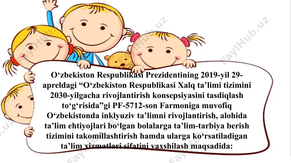 da ishtirok etishdan mahrum bo’ladilar. ular to’g’risida hech bir ma’lumotni bo’lmasligi ta’lim-tarbiya muassasalariga qatnamasliklariga olib keladi. moddiy mablag’ muammolari. jahon miqiyosida ko’pgina davlatlarda maxsus ehtiyojli bolalarni umumta’lim muassasalarida o’qitish juda qimmatga tushadi,- deb hisoblaydilar. shuning uchun ham inklyuziv ta’lim tizimini joriy qilish masalasini hal qilmaydilar. jismoniy moslashtirish masalasi har bir davlatda mavjud bo’lib, bu muammo asosida maxsus ehtiyojli bolalarni maktabga qatnashi masalasi yotadi. maxsus ehtiyojli bola maktabga kelgandan so„ng u ko„plab muammolarga duch keladi, masalan, binoning ichkarisiga kirish, xonalar bo„ylab harakatlanish, hojatxonaga borish va hokazolar. inklyuziv ta‟limda jismoniy xavsizlik va qulaylik muhimdir. sinfdagi o’quvchilar soni muammosiga keladigan bo’lsak, sinfdagi o’quvchilar sonining ko’pligi ko’plab davlatlarda maxsus ehtiyojli bolalar uchun inklyuzivlikka to’sqinlik qiladi. rivojlangan davlatlarda har bir sinfdagi bolalar soni 30 tadan oshmaydi. ammo rivojlanishdan orqada qolgan davlatlarda esa bir sinfda 60-100 nafar bolaning o’qishi oddiy holdir. qaramlik muammosi- ya’ni bunda maxsus ehtiyojli bolalarning ko’pchiligini doimiy ravishda boshqalar ko’magiga muhtojligi nazarda tutiladi. …