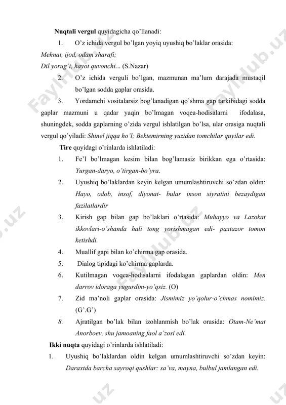 oyni (kim biladi, buni qachonlardan beri saqlab keladi) chiqarib sekingina tashladi. (o.); maryamxonim (yig’lab); majburiyat keltirdi mani? (h.h) 3. misol yoki ko’chirmalar manbai qavs ichida beriladi: “turk nazmida men chu tortib alam...” (navoiy) qo’shtirnoq quyidagi o’rinlarda qo’llanadi: 1. ko’chirma gaplarni ajratib ko’rsatish uchun qo’yiladi. 2. kinoya bilan aytilgan so’z yoki so’z birikmalari qo’shtirnoqqa olinadi. 3. badiiy asarlar, ayrim uyushma, korxonalar nomi, orden va medal nomlari qo’shtirnoqqa olinadi: “layli va majnun” dostoni, “mustaqqillik ordeni”, “yulduz”ishlab chiqarish birlashmasi. qo’shtirnoqqa olingan so’z turlovchi qo’shimcha bilan kelsa, bu qo’shimcha qo’shtirnoqdan keyin qo’yiladi:... erining “kirdikori ”dan xabardor bo’lganday o’smoqchiladi shakarxon. (h.n) gaplar qo’shtirnoqqa olinganda so’roq, undov belgilari qo’shtirnoq ichida, nuqta, vergul qo’shtirnoqdan tashqarida qo’yiladi. lingvistik tahlil metodlari tilshunoslik fanining o’rganish sohasi bo’lgan tilni har tomonlama tahlil qilish fan taraqqiyotiga mos metodlarni taqozo etadi . har bir sohani tahlil etuvchi har qanday metod quyidagi talablarga javob berishi lozim. 1 . metod obyektiv bo’lmog’i kerak . metodning …