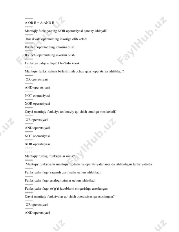 ++ mantiqiy qurilmalar qanday tuzilmalarga asoslanadi? ==== kombinatsion va ketma-ket sxemalar ==== faqat ketma-ket sxemalar ==== faqat kombinatsion sxemalar ==== faqat raqamli sxemalar ++++ mantiqiy turdagi qurilmalar nimalardan tashkil topgan? ==== mantiqiy elementlar, masalan, and, or, not va xor ==== faqat mikroprotsessorlar ==== faqat analog elementlar ==== funksional elementlar, masalan, signal kuchaytirgichlar ++++ kombinatsion mantiqiy sxema qanday ishlaydi? ==== kirishlar faqat bir vaqtning o‘zida chiqarishga ta’sir qiladi ==== chiqish signali faqat vaqtga bog‘liq ==== kirishlar va chiqishlar o‘rtasida bog‘lanish mavjud emas ==== chiqish signali har doim doimiy bo‘ladi ++++ ketma-ket mantiqiy sxema qanday ishlaydi? ==== vaqt bo‘yicha ketma-ket ishlov berish va natijalar shu asosda hosil bo‘ladi ==== chiqish faqat bitta kirish signaliga asoslangan ==== birinchi kirishning inkoriga asoslanadi ==== chiqishlar doimo o‘zgarishsiz bo‘ladi ++++ mantiqiy qurilmalar uchun qaysi sxemalar mos keladi? ==== kombinatsion va ketma-ket mantiqiy sxemalar ==== faqat ketma-ket sxemalar ==== faqat analog sxemalar ==== faqat sanash sxemalari ++++ …