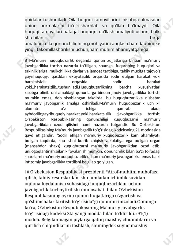 idik jihatdan teng boʻlgan shaxslar oʻrtasida boʻladigan va fuqarolik-huquqiy normalar bilan tartibga solinadigan ijtimoiy munosabatlar. fuqarolik-huquqiy munosabat elementlari – ushbu huquqiy munosabatning subyektlari, mazmuni va obyektlari. fuqarolik-huquqiy munosabat subyektlari – fuqarolik-huquqiy munosabat ishtirokchilari - fuqarolar, yuridik shaxslar va davlatdir. fuqarolik-huquqiy munosabatning mazmuni – shu munosabatda qatnashuvchi shaxslarning subyektiv huquqlari va burchlari. fuqarolik-huquqiy munosabatning obyekti – fuqarolik-huquqiy munosabatda qatnashuvchi shaxslarning xatti-harakatlari qaratilgan hamda subyektiv huquqlari va majburiyatlari belgilangan moddiy va nomoddiy ne’matlar. 9 oila jamiyatning tabiiy va asosiy xujayrasidir. u qancha mustahkam bo‘lsa, jamiyat ham shuncha mustahkam va tez rivojlanadi. jamiyatimiz asosi-oila moddiy va ijtimoiy jihatdan mustahkamlanmoqda. oila a'zolari o‘rtasidagi munosabatlar ahloq-odob va huquqiy qoidalar bilan tartibga solinadi. oila huquqi huquqning mustaqil sohasi bo‘lib, nikoh, qon-qarindoshlik, bolalarning nasl-nasabini belgilash, ota-ona qaramog‘idan mahrum bo‘lgan bolalarni joylashtirish shakllaridan kelib chiqadigan munosabatlarni huquqiy tartibga soladi. oila huquqini predmeti bo‘lib, oila a'zolari o‘rtasidagi shaxsiy va mulkiy munosabatlar hisoblanadi. oila huquqining asosiy tamoyillari quyidagilardan iborat: 1) …