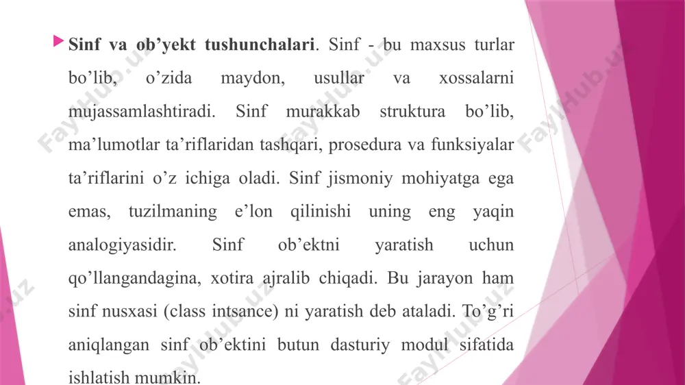 id draw() = 0; }; class derived : public abstract { public: void draw() { cout « "salom.";} }; int main( void ) { derived d; abstract a; return 0; } inkapsulyasiya, vorislik, polimorfizm tushunchalari. inkapsulyasiya inkapsulatsiyalash, vorislik va polimorfizm obyektga mo'ljallangan dasturlash (omd)ning uchta bazaviy tushunchasi hisoblanadi. inkapsulyasiyalash - ma’lumotlarning va shu ma’lumotlar ustida ish olib boradigan kodlarning bitta ob’ektda birlashtirilishi. oyd da ma’lumotlar ob’ekt ma’lumotlari a’zolari (data members) deb, kodlar ob’ektli usullar yoki funksiya-a’zolari (methods, member functions) deb ataladi. inkapsulyasiya yordamida berilganlarni yashirish ta’minlanadi. bu juda yaxshi xarakteristika bo’lib foydalanuvchi o’zi ishlatayotgan ob’ektning ichki ishlari haqida umuman o’ylamaydi. haqiqatan ham, xolodilnikni ishlatishda refrijektorni ishlash prinsipini bilish shart emas. yaxshi ishlab chiqilgan dastur ob’ektini qo’llashda uning ichki o’zgaruvchilarining o’zaro munosabati haqida qayg’urish zarur emas. vorislik vorislik mavjud bo'lgan sinfning ta'rifi asosidayoq yangi sinfni yaratish imkonini beradi. yangi sinf boshqasi asosida yaratilgach, uning ta'rifi avtomatik tarzda mavjud sinfning barcha xususiyatlari, …