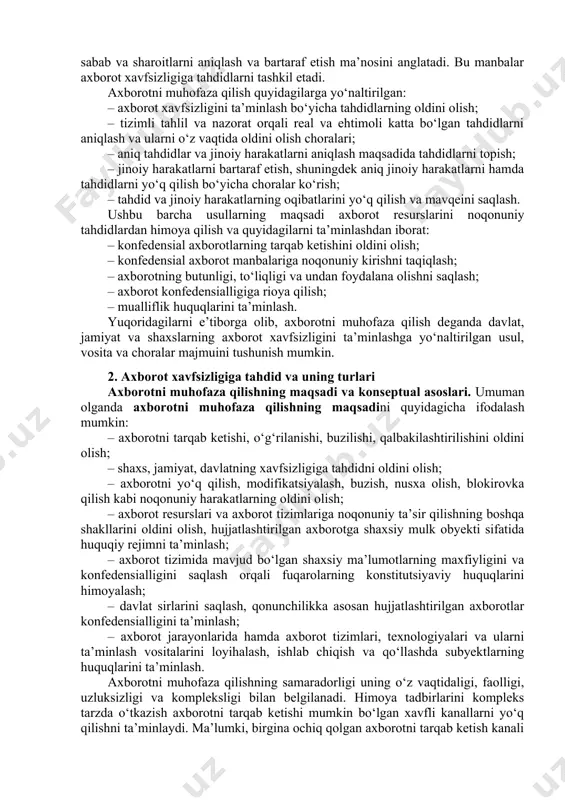 h, qayta ishlash va uzatishda foydalaniluvchi axborot va uning zaxiralari konfedensialligi) muhim jihatlarini ta’minlashga yo‘naltirilgan tadbirlar majmuidir. xavfsiz tizimda tegishli apparat va dasturiy vositalardan foydalanib, axborotni o‘qish, yozish, hosil qilish va o‘chirish huquqiga ega shaxslar yoki ular nomidan amalga oshiradigan jarayonlar orqali axborotdan foydalana olish boshqariladi. ma’lumki, absolyut xavfsiz tizimlar mavjud emas, lekin "ishonish mumkin bo‘lgan tizim" ma’nosidagi ishonchli tizimlardan foydalaniladi. yetarlicha apparat va dasturiy vositalardan foydalanib, bir vaqtning o‘zida turli maxfiylik darajasidagi ma’lumotlarni foydalanuvchilar guruhi tomonidan foydalanish huquqlarini buzmagan holda qayta ishlash imkonini beruvchi tizim ishonchli hisoblanadi. ishonchlilikni baholovchi asosiy mezonlar bu xavfsizlik siyosati va kafolatlanganlik. xavfsizlik siyosati xavfsizlik obyektlari va subyektlarining berilgan ko‘pligining xavfsizligini ta’minlash protseduralari va mexanizmlarini belgilovchi qoidalar to‘plami . tizim xavfsizligini ta’minlashning aniq mexanizmlarini tanlash qabul qilingan xavfsizlik siyosatiga muvofiq amalga oshiriladi. kafolatlanganlik himoyaning passiv qismi bo‘lib, tizimdan foydalanishda unga bo‘lgan ishonch darajasini ifodalaydi. ishonchli tizimda xavfsizlikka taalluqli barcha jarayonlar ro‘yxatga olib borilishi kerak. axborotni …