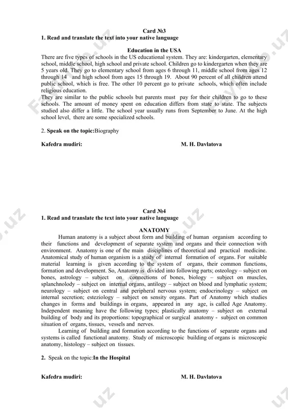 atly changed at the congress of anatomists in jena. but the anatomical 9 terms which very established at that congress were not used in the ussr. in 1995 the iv international federal congress of anatomists in paris established new anatomical terms, the so-called paris nominaanatomica. the students learned that in the adult 35%-40% of the body weight was formed by the muscles. according to the basic parts of the skeleton all the muscles were divided into the muscles of the trunk, head and exterminations. when prof. smirnov spoke about the form of the muscles he said that all the muscles were divided into three basic groups: long, short and wide muscles. the muscles lay on the trunk. the walls of the body cavities were formed by wide muscles. 2.speak on the topic: our institute kafedra mudiri: m. h. davlatova card №3 1. read and translate the text into your native …