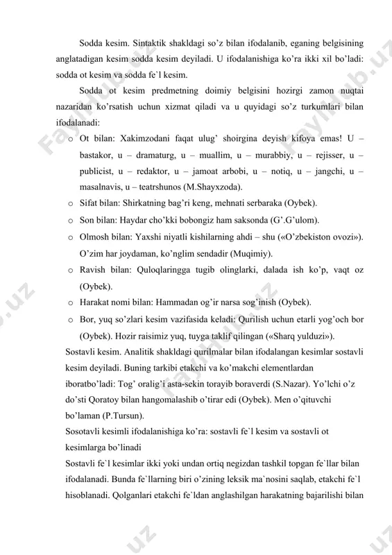 i: gulnora, mana bu manzara juda chiroyli ekanmi? gulning to’ni qirq yamoq, barglari yirtiq bo’lsa ham, husni toza emasmi?! (oybek). kelgan ikki kishi professor ekan (oybek). sostavli ot kesim harakat nomiqkerak (zarur, lozim, darkor) tipidagi qurilmalar bilan ham ifodalanadi: el moliga uzatilgan qo’llarini kesish kerak (oybek). har ishni yaxshi bajarish uchun unga ko’ngil berib kurashmaoq kerak («sharq yulduzi»). ishning mana shu ikki tomonini o’rganishiz, juda yaxshi bilishimiz zarur (a.qahhor). sostavli ot kesim ba`zan chiqish kelishigi shaklidagi so’zqiborat tipidagi qurilmalar bilan ham ifodalanadi: vazifamiz yig’im-terimni muvaffaqiyatli yakunlashdan iborat («xalq so’zi»). sostavli ot kesim bor, yuq so’zlari va to’liqsiz fe`l tipidagi qurilmalar bilan ifodalanadi: maktab xovlisida ta`til bo’lgani uchun xech kim yo’q edi (oybek). jamongizda ko’pgina tashabbuskor yoshlar bor ekan (sh.xolmirzayev). murakkab kesim. ikki va undan ortiq so’zlarning grammatik-semantik munosabatidan tashkil topib, bir butan xolda kesim sifatida shakllangan xodisalar murakkab kesim sanaladi. murakkab kesimlar quyidagicha ifodalanadi: turg’un birikmalar bilan: bizning vatanimiz o’zbekiston …