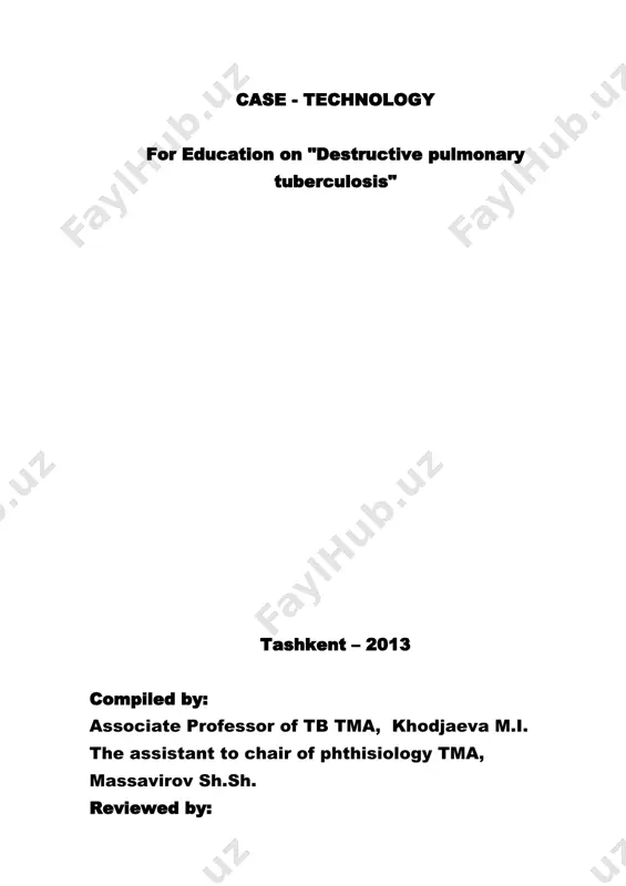 of pulmonary tuberculosis" moscow, 1996 17. order № 160 min.health of uzbekistan. "on improvement of tb services in the republic of uzbekistan", tashkent, 2003. characteristics of case study according to typological features this case is classified as a cabinet, scene. he volume, structured. this case - issue. for didactic purposes case training, stimulating thinking in the real world in a hovercraft and gwp. case can be used in the disciplines: therapy, surgery, infectious disease, and oncology. i case introduction any form of tuberculosis may be complicated by the melting of caseation, allocation cheesy masses through the bronchi and the formation of the cavity, ie, the transition process in the destructive form. shaped cavity wall structure is characterized by three layers: the inner layer of caseous-necrotic, layer-specific granulation containing macrophages, epithelioid cells, giant and lymphoid cells of piragov- langhans, fibrous outer layer, which borders the surrounding lung tissue, consisting of connective …