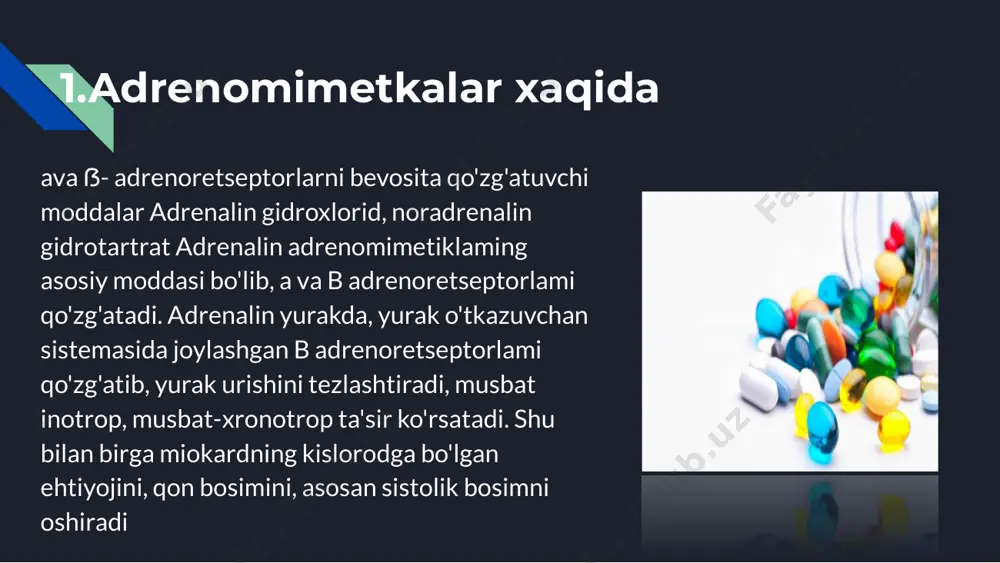 e'da-ichak, ayrim tomirlar) va modda almashinuviga ta'sir qilmay, faqat a-adrenoretseptorlik qon tomirlarini (teri, shilliq parda, qorin bo'shlig'idagi ichki a'zalar va boshqalar) toraytiradi, qon bosimini ko'taradi ( noradrenalinning bunday gipertenziv ta'siri adrenalinnikiga qaraganda kuchliroq, chunki ß2-adrenoretseptorli qon tomirlariga ta 'sir etmaydi. shu sababli, noradrenalin tibbiyot amaliyotida asosan gipertenziv preparat sifatida, qon bosimi tushib ketgan hollarda (gipotoniya, shok, kollaps) faqat vena yoki arteriyaga bevosita, tomchilab (plazmaning o'mini bosadigan va shokka qarshi suyuqliklar bilan birga) yuboriladi. uni teri ostiga yoki mushaklar orasiga yuborish man etilgan. chunki u to'qima qon tomirlarini toraytirib, shikast yetkazishi mumkin. efedrin gidroxlorid (ephedra distaehya) oddiy qizilchada uchraydigan, alkaloid saqlovchi preparat. efedrinning kimyoviy tuzilishi va fannakologik ta'siri adrenalinnikiga o'xshasa ham, ayrim xususiyatlari bo'yicha undan farq qiladi. chunonchi, efedrinning adrenomimetik ta'siri kuchsizroq, lekin davom etishi uzoqroq (10 barobar), chunki efedrin mao femlenti ta'sirida parchalanmaydi va o'zgannagan holda 8-12 soat davomida buyrak orqali chiqib ketadi. efedrin adrenalinga qarshi o'laroq, og'iz orqali yuborilganida, …