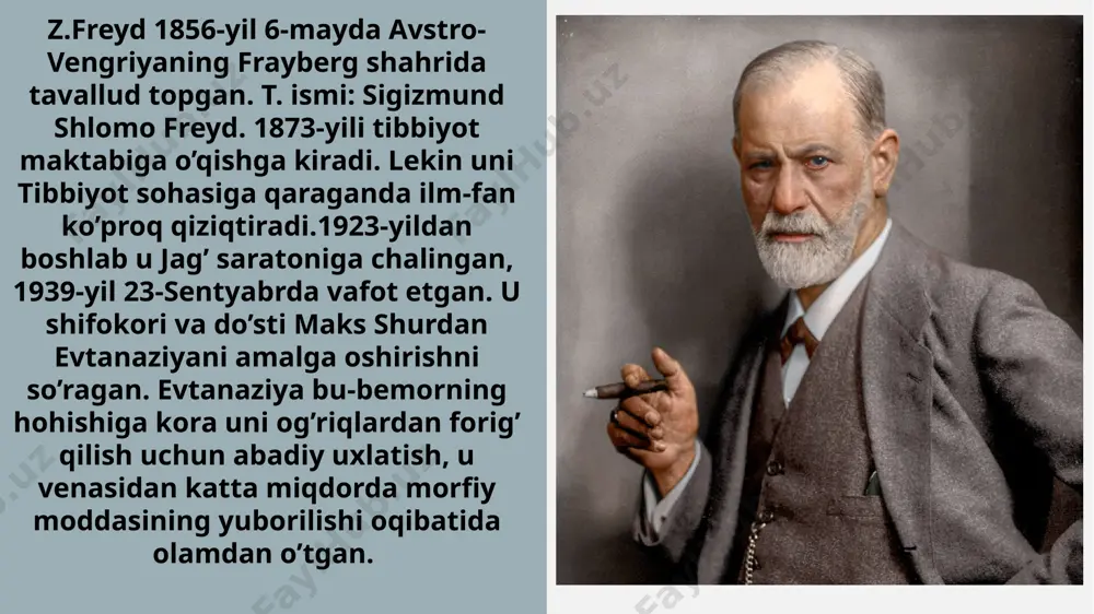 . freydning tush talqinlariga misollar: 1.ibtidoiy qo’rquv va ishonchsizlik tushda – freydning bemorlaridan biri tushida bir ulkan itdan qochayotganini ko’radi. it insonning ongsiz qo’rqubvlarini ifodalaydi. bemorning hayotida biror muhim ma’suliyatdan yoki odamdan qochish istagi borligini anglatishi mumkin. itning ulkanligi muammoning ahamiyatini oshirib korsatadi. 2.qulash tushlari – ko’pchilik tushida baland joydan qulab tushadi. bu insonning ijtimoiy pozitsiyasidan ajralishidan qo’rqishini yoki jinsiy tug’yonning kuchli namoyon bo’lishini bildiradi 3. tushda ucharlik - ko‘pchilik tushida uchishni his qiladi. freydning fikricha, uchish ozodlik istagi yoki ijtimoiy cheklovlardan qutulish ramzidir. boshqa tomondan, bu ba’zan insonning jinsiy energiyasi kuchaygan davrini ham ifodalaydi. 4. o‘lim tushlari - tushida o‘lim ko‘rgan odamlar aslida yangi bosqich yoki o‘zgarish istagini yashirincha his qilayotganini ifodalaydi. masalan: bemor tushida o‘z do‘stining o‘limini ko‘rgan. freyd bu tushni do‘stining muvaffaqiyatiga hasad qilish va o‘zini yomon his qilish hissi bilan izohlagan zigmud freydning “tushlar talqini” kitobi juda mashhur va ko’plab tillarga tarjima qilingan va muqovasi turli …