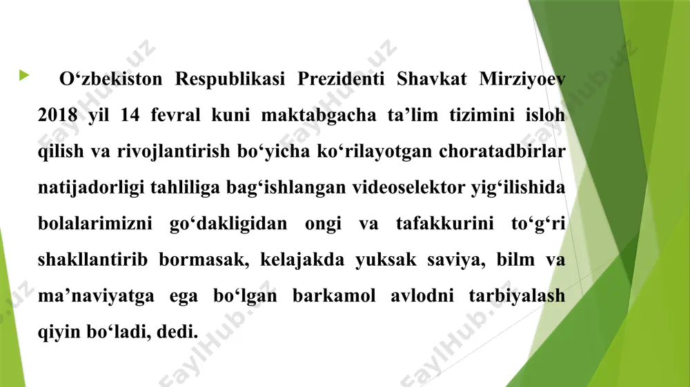 y dasturi talablari asosida ta’lim jarayonida, turli tadbirlar, rituallar orqali yoshlarda milliy g‘oya va milliy istiqlol mafkurasi shakllantiriladi. ta’lim muassasalarida bolalar va o‘quvchilarning yoshiga mos ravishda milliy g‘oyani singdirishning differensial pedagogik psixologik dasturlarini va yangi pedagogik texnologiyalarini yaratish quyidagi vazifalarni bajargandagina samarali bo‘ladi: yon atrofdagi voqealarga daxldorlik tuyg‘usini rivojlantirish  o‘ziga ishonchni mustahkamlash  tarixiy tafakkurni boyitish  intelektual salohiyatni shakllantirish  g‘arb oavlaridagi axloqsizlik targ‘iboti, o‘zining demokratiya modelini olg‘a siljitishning asl maqsad muddaolarini tushuntirish  mafkuraviy immunitetni mustahkamlash  ongli yashashga – o‘z aqli va fikriga, ezgu insoniy g‘oyaga suyanib yashashga o‘rgatish;  milliy g‘oyaga qiziqishlarini oshirish;  milliy g‘oya yoshlarimizning maqsadi, hatti harakatlarining ma’naviy asosiga aylangandagina samarali bo‘ladi. mustaqil fikrlash malakalarini shakllantirish; o‘rgatuvchi qism gipermatnga asoslangan va statik, dinamik rasmlardan iborat.  mashq qildiruvchi xatolarni ko‘rsatib beruvchi va to‘g‘ri xulosaga olib keluvchi qism.  nazorat qiluvchi testlar orqali nazorat qiluvchi tizim asosida shakllanadi. elektron darsliklar quyidagi asosiy xossalari …