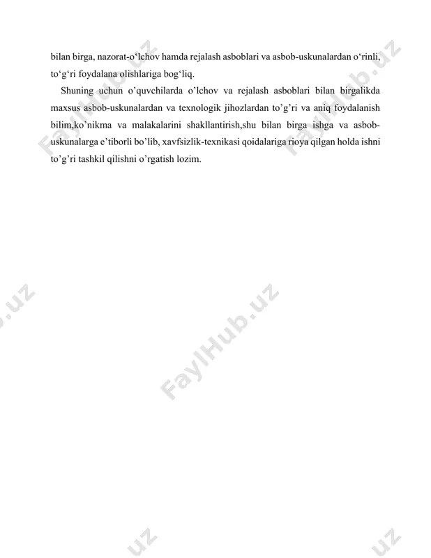 b chiqarish korxonalarida qoʻllaniladi. mexanik yogʻochga ishlov berish jihozlari, asosan, stanokka yoki mashinaga oʻrnatib ishlatiladi. yog‘ochga ishlov beradigan tokarlik stanoklarida yo‘nish, qirqish ishlari maxsus tokarlik iskanalari yordamida bajariladi. duradgorlik ishlarida turli stanoklardan foydalaniladi. shuning uchun quyidagi xavfsizlik texnikasi qoidalarini bilish va ularga amal qilish shart: 1. yorug‘lik ish o‘rniga o‘ng tomondan tushishi, ish o‘rnida tabiiy yorug‘lik yetarlicha bo‘lishi kerak. 2. materiallarni stanok staninasiga, mexanizm yoki to‘siqlar ustiga qo‘ymaslik talab etiladi. 3. stanok va mexanizmlarning detallari, staninalari, qopqoqlari, to‘siqlari sinmagan, g‘adir-budursiz bo‘lishi kerak. 4. elektr dvigateli qulflanadigan yashik yoki maxsus to‘siq bilan yopilishi kerak. 5. stanoklarning tishli, tasmali va boshqa uzatmalari, disk arralari, pichoqli vallari maxsus qopqoqlar bilan berkitilishi kerak. 6. stanokning aylanayotgan ish qismlarini qo‘l yoki boshqa biror narsa bilan to‘xtatmaslik kerak. 7. stanokni to‘xtatmasdan turib ishlangan sirtning silliqligini qo‘l bilan tekshirmaslik kerak. 8. ish vaqtida maxsus kiyimda bo‘lish va himoya ko‘zoynagini taqib ishlash talab etiladi. bajaradigan ish turiga kura …