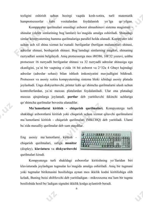 hida hosil bo`ladigan signalni ikkilik kodga aylantirib beradi. monitor kompyuterning ish jarayonida vujudga keladigan axborotlarning zarur qismini ekranda yoritib berishni ta`minlaydi. monitor matn yoki grafik rejimda ishlaydi. matn rejimida ekran belgi o`rinlari deb yuritiluvchi alohida qismlarga bo`linadi. grafik rejimda ekran piksel deb ataluvchi nuqtalar to`plamidan tashkil topadi. ikkala rejimda ham belgi yoki pikselning ranglari, fonning rangi, ravshanligi va boshqa parametrlar xaqidagi ma`lumotlar videoxotirada saqlanadi. monitordagi piksellarning umumiy miqdori monitorning imkon darajasi, deb ataladi. hozirgi davrda keng tarqalgan monitorlarni tavsiflovchi jadvalni keltiramiz. bu erda belgi o`rinlarining miqdori ekrandagi satr va ustunlardagi belgi o`rinlarning miqdorlari ko`paytmasi hamda piksellar soni gorizontal va vertikal bo`yicha piksellar sonining ko`paytmasi shaklida berilgan monitor nomi matn rejimi grafik rejimi ranglar miqdori belgi o`rinlar miqdori ranglar miqdori piksellar miqdori cga 16 80x25 2 640x200 4 620x200 ega 16 80x25 16 640x350 16 80x43 vga 16 80x25 16 640x480 16 80x50 svga 16 80x50 256 640x480 16 800x600 diskyurituvchi …