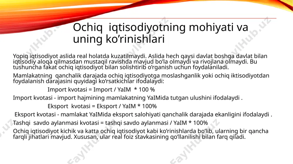 operatsiyalar schyotida musbat (ijobiy ) saldoga ega bo’lamiz. bunda mamlakat jahon bozorida kreditor rolini bajaradi va importga qaraganda eksportni ko’payganini anglatadi. agarda milliy jamg’arish mamlakat ichidagi jamg’armadan ortib ketsa, ortgan qismi chet elga investitsiya qilinishi mumkin. agarda aksincha mamlakat ichidagi investitsiya milliy jamg’armadan ortib kets, unda biznining mamlakatga investitsiya qilinishi kerak bo’ladi. kichik ochiq iqtisodiyot modeli kichik ochiq iqtisodiyot - bu milliy iqtisodiyot bo’lib, unda jahon bozoriga nisbatan juda kam ulushni ifodalovchi, xalqaro kreditlash, qarzdorlikni inkor etmaydi, lekin butunjaxon real foiz stavkasi r* ni inkor etadi. chunki kichik ochiq iqtisodiyotda foiz stavkasi r butunjahon real foiz stavkasi r * ga teng deb olinadi (r = r ) . kichik ochiq iqtisodiyot modeli uchta asosiy funktsiya (faraz, tahmin)dan iborat : 1) mahsulot chiqarish hajmi y = ŷ = f (k , n ) shunday qilib ishlab chiqarish yoki daromad miqdori berilgan faktorlarga bog’liq bo’ladi , ya’ni kapital - k va ishchi …