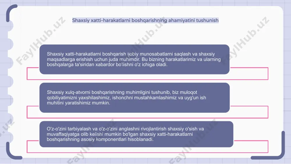 sa ularning taraqqiyotini kuzatishga va o'zlarini javobgarlikka tortishga yordam beradi. shaxsiy xulq-atvorni boshqarish rejasiga ega bo'lish, shuningdek, o'z-o'zini anglash va o'z-o'zini intizomni oshiradi, chunki odamlar o'z maqsadlariga erishish uchun o'zlarining xatti-harakatlarini tan olish va o'zgartirishni o'rganadilar. 1 2 3 shaxsiy xatti-harakatlarni boshqarishdagi umumiy muammolar shaxsiy xulq-atvorni boshqarishda keng tarqalgan qiyinchiliklarga kechikish, o'z-o'zini intizomning etishmasligi, maqsadlarni belgilash va ularga erishishda qiyinchiliklar kiradi. kechiktirish taraqqiyotga to'sqinlik qilishi va odamlarning o'z imkoniyatlarini to'liq ro'yobga chiqarishiga to'sqinlik qilishi mumkin. o'z-o'zini tarbiyalashning etishmasligi nosog'lom odatlarga va motivatsiyaning etishmasligiga olib kelishi mumkin. shaxsiy xatti-harakatlarni samarali boshqarish uchun ijobiy odatlarni shakllantirish shaxsiy xatti-harakatlarni boshqarish shaxsiy o'sish va muvaffaqiyatning muhim jihati hisoblanadi. bu insonning xulq-atvorini shakllantiradigan ijobiy odatlarni shakllantirishni o'z ichiga oladi. ijobiy odatlarni ongli ravishda tanlash va amalda qo'llash orqali odamlar o'z-o'zini tarbiyalash, diqqatni jamlash va hayotning turli jabhalarida umumiy samaradorligini oshirishlari mumkin. ijobiy odatlarning ba'zi misollariga muntazam mashqlar, maqsad qo'yish, vaqtni boshqarish va minnatdorchilik bilan shug'ullanish …