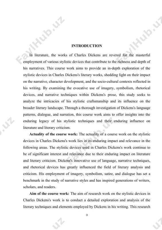 ining the intricate ways in which dickens employed stylistic devices, this research seeks to provide a richer understanding of his literary genius, the reception of his work, and the enduring relevance of his writing in the broader literary canon. ultimately, the aim is to contribute to the scholarship of literary analysis and criticism, offering new insights and perspectives on dickens's stylistic legacy and its impact on literature and culture. practical values of research work: charles dickens, a renowned english writer from the victorian era, is known for his literary prowess and the stylistic devices he employed in his works. dickens' works often reflect the societal issues of his time, such as poverty, social inequality, and the injustices of the legal system. he used his writing to criticize and highlight these problems, aiming to bring about change. dickens' works are known for their realistic portrayal of victorian society, with vivid descriptions …