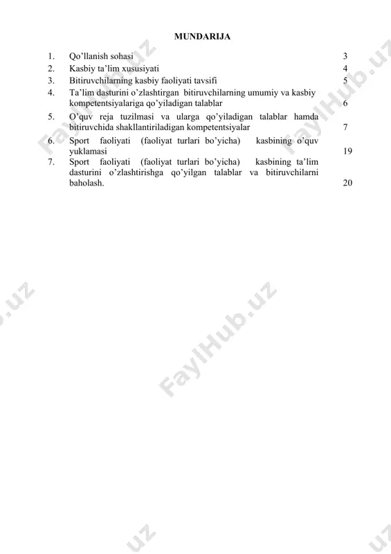 aqsadida: kadrlar malakasini oshirish tizimida, tarmoq o’quv muassasalarida va maxsus kurslarida malakani oshirishi; kasbiy faoliyatning tegishli sohasida yanada yuqoriroq malakaga erish maqsadida oliy ta’lim muassasasida o’qishni davom ettirishi mumkin. 2.4. o’qishga qabul shartlari. o’qishga qabul shartlari amaldagi qonunchilik asosida amalga oshiriladi. 3. bitiruvchilarning kasbiy faoliyati tavsifi 3.1. bitiruvchining kasbiy faoliyat sohasi: 3.1.1.trener (faoliyat turlari bo’yicha) kvalifikatsiyasi bo’yicha: • ta’lim yo’nalishi – fan, ishlab chiqarish va xizmat ko’rsatish sohasidagi yo’nalish bo’lib, jismoniy tarbiya va sport tashkilotlarida mehnat faoliyatini tashkil etish, sport turlari bo’yicha o’quv mashg’ulotlarni tashkil etish va o’tkazish; maktabgacha, umumiy o’rta ta’lim muassasalarida jismoniy tarbiya darslarini tashkil etish va o’tkazish; sport turlariga oid harakatlarga o’rgatish; jismoniy tarbiya va sport sohasiga oid vositalar, tamoyillarni qo’llash; harakatlarga o’rgatish, yosh davrlariga nisbatan vosita va uslublarni tanlash; jismoniy yuklamalarni miqdor va sifat jihatidan boshqarish va individuallashtirish; jismoniy mashg’ulotlarni rejalashtirish, nazorat va tahlil qilib borish; sport faoliyatining asosiy tomonlarini boshqarish ishlarini olib borish bilan bog’liq …