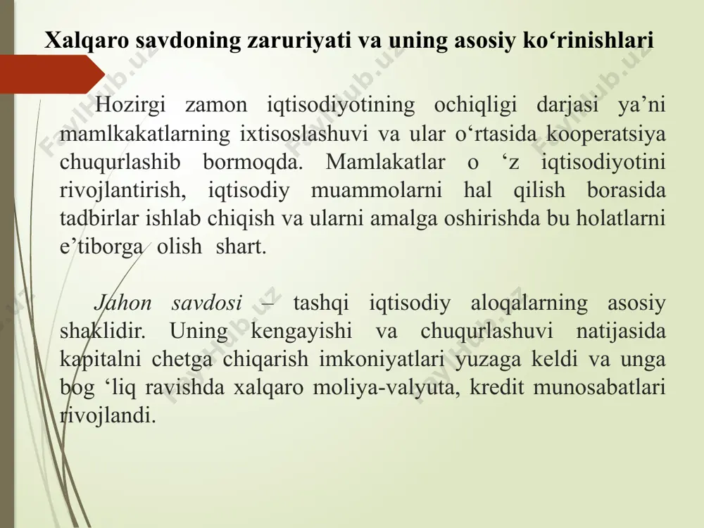 ayrim mahsulot ishlab chiqaruvchilar (masalan, neft va neft mahsulotlari ishlab chiqaruvchilar) narxlarda boʻlayotgan oʻzgarishlarga qaramay, katta yutuqlarga erishadilar. ikkinchidan, savdo sharoiti ishlab chiqaruvchilar yoki yetkazib beruvchilarning bozorga moslashishiga (egiluvchanligiga) bogʻliq boʻladi. uchinchidan, savdo sharoiti ishlab chiqarish sharoitlari yoki mahsulotlar isteʼmolidagi oʻzgarishlarga qarab oʻzgaradi. savdo sharoiti indeksi mamlakatning xalqaro savdodagi holati toʻgʻrisida maʼlumotlar bersada, koʻpgina kamchiliklardan xoli emas. ularning eng asosiylaridan biri mamlakatda umumiy sharoitni yaxshilasada, sotilgan mahsulotlar miqdorini hisobga olmaydi. boshqacha aytganda, savdo sharoiti yaxshilanishi eksport hajmi qisqarishi va import hajmi oshishiga olib keladi. bu esa toʻlov balansini yomonlashtiradi. amaliyotda savdo sharoiti: 1. mamlakatlar oʻzlarida ortiqcha boʻlgan ishlab chiqarish omilini koʻp talab qiladigan mahsulotlarni eksport qilishadi va aksincha, oʻzlarida taqchil boʻlgan ishlab chiqarish omillarini koʻp talab qiladigan mahsulotlarni import qiladilar. 2. xalqaro savdo yoʻlidagi cheklashlar bekor qilinsa tovarlarning turli mamlakatlardagi “omil narxi” (tannarxi) ning tenglashishi kabi oʻzgarishlar kuzatiladi. 3. mahsulotlar eksporti oʻrnini asta sekin ishlab chiqarish omillari eksporti egallaydi. xeksher …