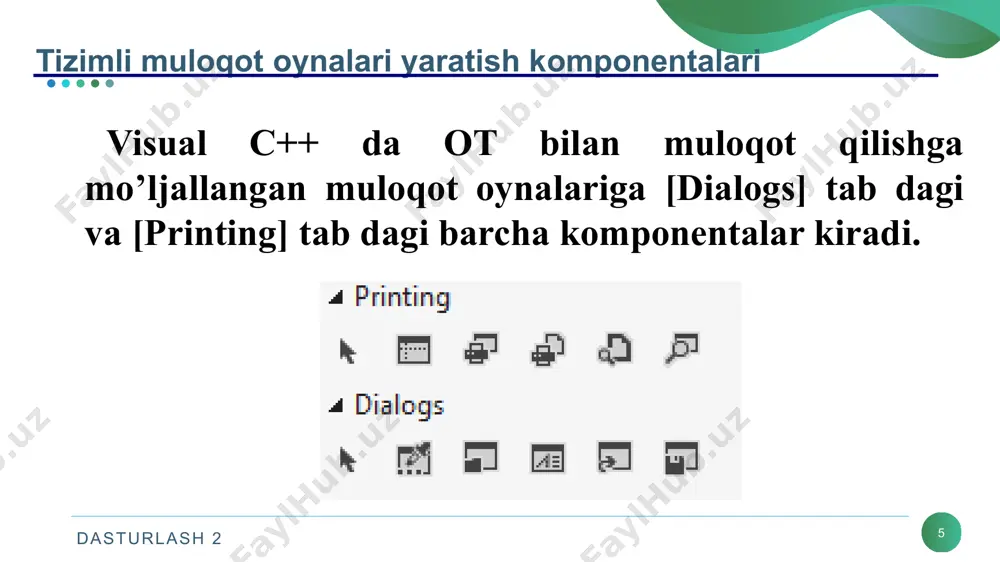 ue; openfiledialog1->title = "fayl nomini olish"; if ( openfiledialog1->showdialog() == system::windows::forms::dialogresult::ok ){ if (openfiledialog1->openfile() != nullptr ){ label1->text = openfiledialog1->filename; } } dasturlash 2 16 openfiledialog muloqot oynasi dasturlash 2 16 17 printdialog muloqot oynasi printdialog bu oyna foydalanuvchilarga printerni tanlash va uning xususiyatlarini o‘rnatish imkonini beruvchi muloqot oynasini ko‘rsatadi. oynaning juda ko‘p xususiyatlari, usullari va hodisalari bor. bularni mustaqil ishlarni bajarish vaqtida amalga oshirish mumkin. shuningdek, bu muloqot oynani ishlatish usullari ham juda ko‘p. odatda dasturchining loyiha holatidan kelib chiqqan holda foydalaniladi. dasturlash 2 18 printdialog muloqot oynasi printdialog1->allowsomepages = true; printdialog1->showhelp = true; if ( printdialog1 == nullptr ) system::windows::forms::messagebox::show("pnull" ); system::windows::forms::dialogresult result = printdialog1->showdialog(); system::windows::forms::messagebox::show(result.tostring()); if ( result == system::windows::forms::dialogresult::ok ) { // doctoprint->print(); system::windows::forms::messagebox::show("chop qilish boshlanadi"); } dasturlash 2 19 printdialog muloqot oynasi dasturlash 2 19 20 printpreviewdialog muloqot oynasi printpreviewdialog bu oyna foydalanuvchilar uchun chop qilishda printdocument boshqaruv elementining ko‘rinishining ko‘rsatish imkonini beradigan muloqot oynasini …