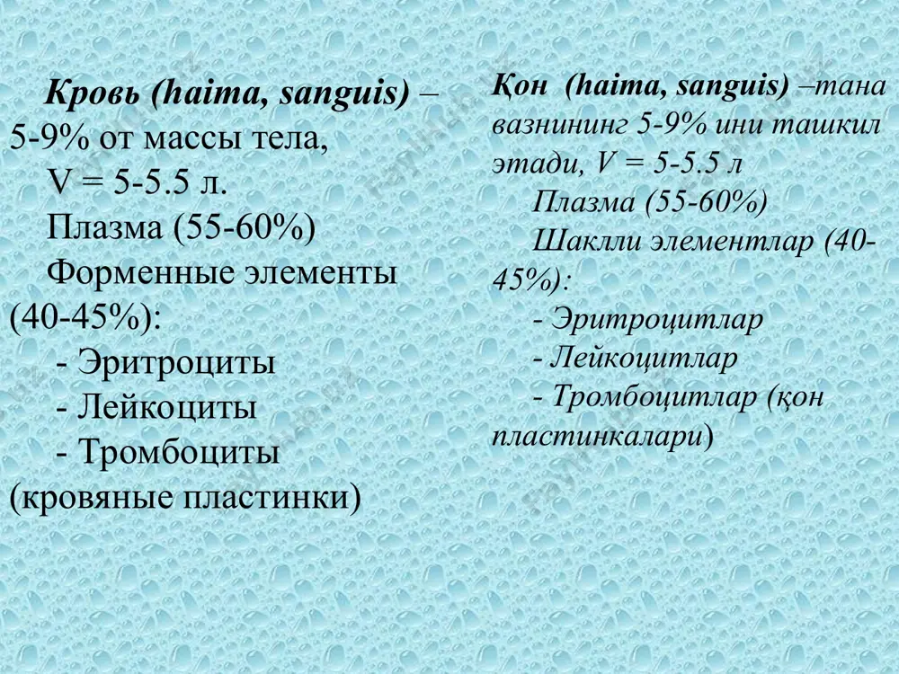 1. зернистые – гранулоциты 2. – незернистые – агранулоциты. к гранулоцитам относятся 1) нейтрофилы: а) палочкоядерные 1 – 6 % б) сегментоядерные 47 – 72 % 2) базофилы 0 – 1 % 3) эозинофилы 0,5 – 5 % не зернистые: лимфоцит-19-37% моноцит-3-11% лейкоцитлар шартли равишда 2 гурухга бўлинади: 1. донадор – гранулоцитлар; 2. донасиз – агранулоцитлар. донадорларга: 1) нейтрофиллар: - таёқча ядролилар 1 – 6 % - сегмент ядролилар 47 – 72 % 2) базофиллар 0 – 1 % 3) эозинофиллар 0,5 – 5 % донасиз: лимфоцит-19-37% моноцит-3-11% лейкоцитоз 1.все бактериальные инфекции,грибковые. 2.воспалительные состояния. 3.злокачественные новообразования. 4.травмы ткани. 5.лейкозы. 6.уремия. 7.результаты действия адреналина и стероидных гормонов. лейкоцитоз 1.барча бактериал инфекциялар ва замбуруғли касалликларда; 2.яллиғланиш жараёнида; 3.хавфли ўсмаларда; 4.тўқима жарохатланганда; 5.лейкозларда; 6.уремия; 7.адреналин ва стероид гормонлар таъсири натижасида. лейкопения 1.инфекции, чаще всего вирусные, брюшной тиф, паратиф, туляремия, , сифилис, бруцеллез, туберкулез, малярия. 2.токсические: производные бензола, нефтепродукты, фтористый водород, сернистый ангидрид, тринитротолуол, …