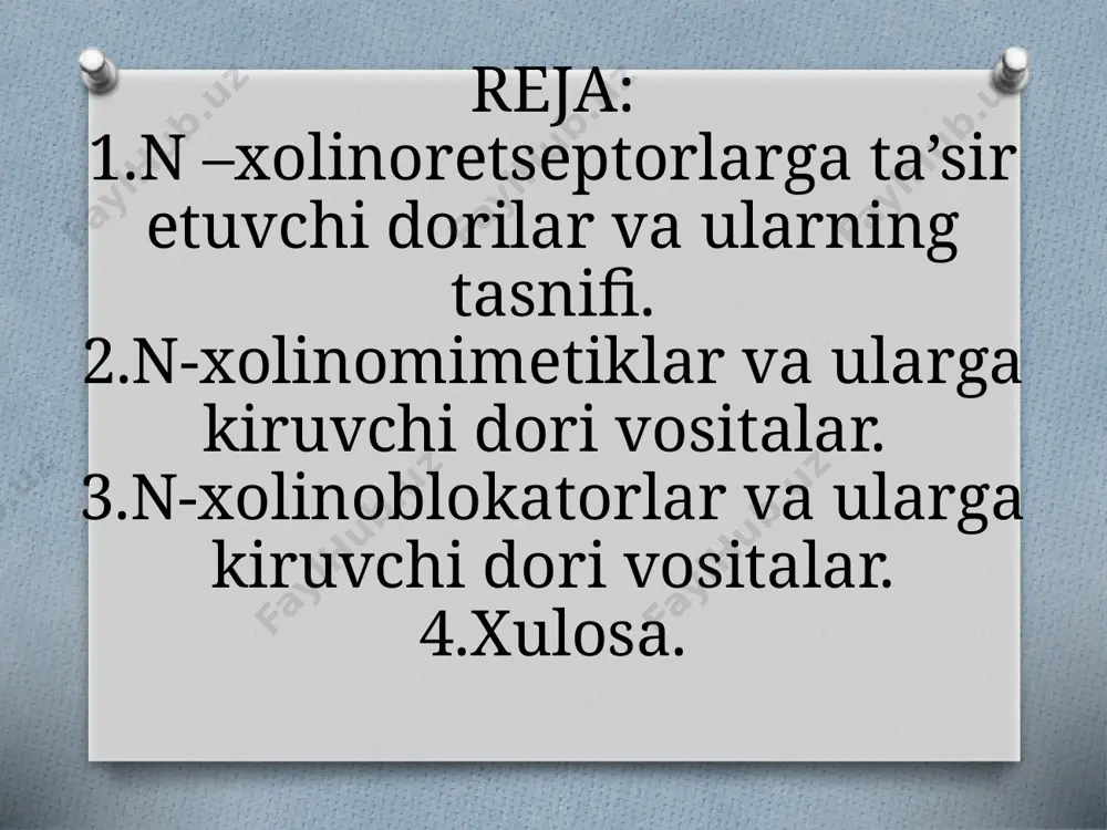 kamaytiriladi ovqatdan keyin 1 oy. chekishga qarshi. nikotin odam organizmiga tamaki chekilganda tushadi. nojo’ya ta’sirlari tamaki tutuni tarkibidagi zaharli moddalar o’pka va yuqori nafas yo’llarini tasirlantiradi, natijada bronxit, laringit, o’pka emfizemasi, pnevmoskleroz kabi kasalliklarga olib keladi. zahar tomirni toraytirib, gipertoniya, endarterit, arterosklerozni rivojlantiradi. tamaki tarkibidagi poloniy-210 radiaktiv moddasi xafvli o’smalarni paydo qiladi. tamakini ko’p istemol qilish nikotinga qaramlikni rivojlantiradi. sititon (cytitonum) 0.15% sitizin alkaloidi eritmasidan iborat. ampulalarda 1 ml dan chiqariladi.rakitnik va termopsis o’simliklaridan olinadi. ta’siri: simpatik gangliyalar va buyrak usti bezlaridagi n-xolinoretseptorlarni qo’zg’atib , arterial bosimni ko’taradi. qo’llanishi: shok, kollaps, is gazidan zaharlanishda, bo’gilishda qo’llaniladi. qo’llab bo’lmaydigan holatlar:gipertoniya aterosekleroz,o’pka shishi. lobelin (lobelini hydrochloridum) – lobelia inflata o’simligidan olinadigan alkaloid.nikotinga o’xshab karotid koptokchasidagi reseptorlarga ta’sir etadi va reflektor yo’l bilan nafas markazini va unga qo’shni markazlarni qo’zg’atadi. qo’llanishi va qo’llab bo’lmaydigan hollari xuddi sititonniki kabi. ampulalarda 1%-1ml dan chiqariladi. ineksiya vena yoki muskul orasiga qilinadi. rp.: sol. cytitoni 1ml d.t.d.n.10 …