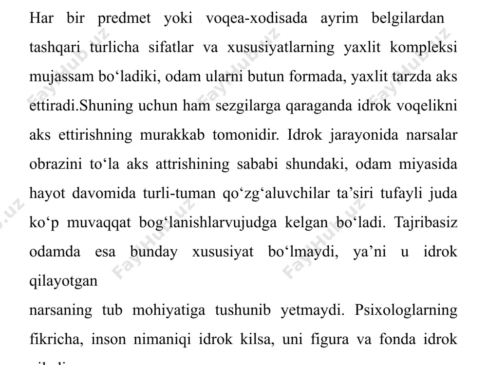 ishi tufayli bosh miya katta yarim sharlarining pustida yuzaga keladigan shartli reflekslar, ya’ni vaqtli nerv bog‘lanishlari ekanligini kursatib bergan. bunda tashqi olamdagi narsalar yoki xodisalar kompleks qo‘zg‘atuvchilar tarzida ta’sir qiladi. bu kompleks qo‘zg‘atuvchilar analizatorlarning miya pustidagi kismlarida murakkab analiz va sintez kilinadi. idrok sezgilarga nisbatan miya analitik- sintetik faoliyatining yuksak formasi xisoblanadi. idrokning nerv-fiziologik asosi xam sezgilarning nerv-fiziologik asosiga qaraganda murakkabdir. idrok jarayonining nerv-fiziologik asosida bir necha sezgi a’zolariga barobar ta’sir etuvchi kompleks qo‘zg‘atuvchilarning ta’siri natijasida bosh miya pustida xosil bo‘ladigan sintez jarayoni, ya’ni vaqtli bog‘lanishlar (shartli reflekslar)ning xosil bulishi yotadi. bundan tashkari, idrok jarayonining nerv-fiziologik asosi birinchi va ikkinchi signallar sistemalarining faoliyatlari bilan xam bog‘liqdir. idrok obrazining yuzaga kelishidan iborat murakkab jarayonning asosi ichki analizator va analizatorlararo bog‘lanishlar sistemasidir. bunday bog‘lanishlar qo‘zg‘atuvchilarni farklashning eng kulay sharoitlarini va narsalar xususiyatlarining murakkab butunlik sifatida o‘zaro munosabatlarini xisobga olishni ta’minlaydi. tashqi ta’sir katta yarim sharlar po‘stlog‘ida birlashtiriladi, organizmning bir qancha qo‘zg‘ovchilar ta’siriga …