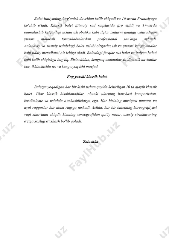don kixot. ushbu tarixiy balet migel-de-servantesning epik asariga asoslanadi. don kixot - sevgini, sarguzasht va zararning yorqin hikoyasidir. hikoyada don kixot qahramoni romantik hikoyalardan ortiqcha yukni olishdan uning donoligini yo'qotadi. bu esa kixotning u oltin asrni qayta tiklashi kerak bo'lgan bir knyaz deb o'ylashiga olib keladi. balet ilk bor 1869 yilda moskvada namoyish etilgan va ludwig minkusning kompozitsiyasi bilan marius petipa tomonidan choreografiya qilingan. don kixot raqs tarixida eng mashhur pas-de-dex, kitri va basilio ning bosh ustunlari uchun katta pas de deux bilan yopiladi. ‘giselle’. " giselle " baleti, birinchi bo'lib parijning salle le peletierdagi balet du théatre de l'académie royale de musique tomonidan ijro etilgan romantik ikki harakatli raqsdir. bu hikoya teofil gautier tomonidan mualliflar chevalier de georges va jan coralli tomonidan yozilgan. hikoya qishloqda eng chiroyli va eng yaxshi raqqosa hisoblangan ayol haqida. ikkita sevgilisi bilan, u singan yurakdan o'lmoqda va g'ayritabiiy ayollarning guruhi tomonidan uning qabridan chaqiriladi. …