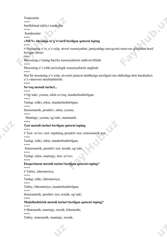 , emotsional; ==== xolerik, melanxolik, flegmatik, faollik; ==== xolerik, melanxolik, aqliy ++++ psixik tarakkiyotni yuzaga keltiruvchi faktorlarni toping? ==== # muxit, ta’lim tarbiya, irsiyat ==== oilaviy sharoit, irsiyat ==== muxit, ta’lim, uyin ==== maktab oila mahalla ++++ shaxsning guruhlarda ijtimoiy o’rnini aniqlashda qaysi metoddan foydalanish maqsadga muvofiq ==== # sosiometriya ==== suhbat ==== test ==== eksperiment ++++ sensibilizatsiya bu... ==== #mashq qilishi natijasida sezgi organlarini sezuvchanligi ortishi ==== bir sezgiga ta’sir etuvchi qo‘zg‘atuvchilar yig‘indisi ==== ko‘z gavharini moslashishi ==== predmetlarni u haqidagi ma’lumotlarni jamlangan holati ++++ idrok bu ... ==== # sezgi a’zolariga bevosita ta’sir etib turgan narsa va hodisalarning obrazlarining kishi ongida bir butun holda aks ettirilishidir ==== sezgi a’zolariga ta’sir etib turgan narsa va hodisalar ayrimlarini aks etishi ==== bor narsani noto‘g‘ri anglash ==== yo‘q narsani his qilish ++++ gallyusinatsiya – bu ... ==== # yo‘q narsani noto‘g‘ri idrok qilish ==== bor narsani noto‘g‘ri idrok qilish ==== idrokning …