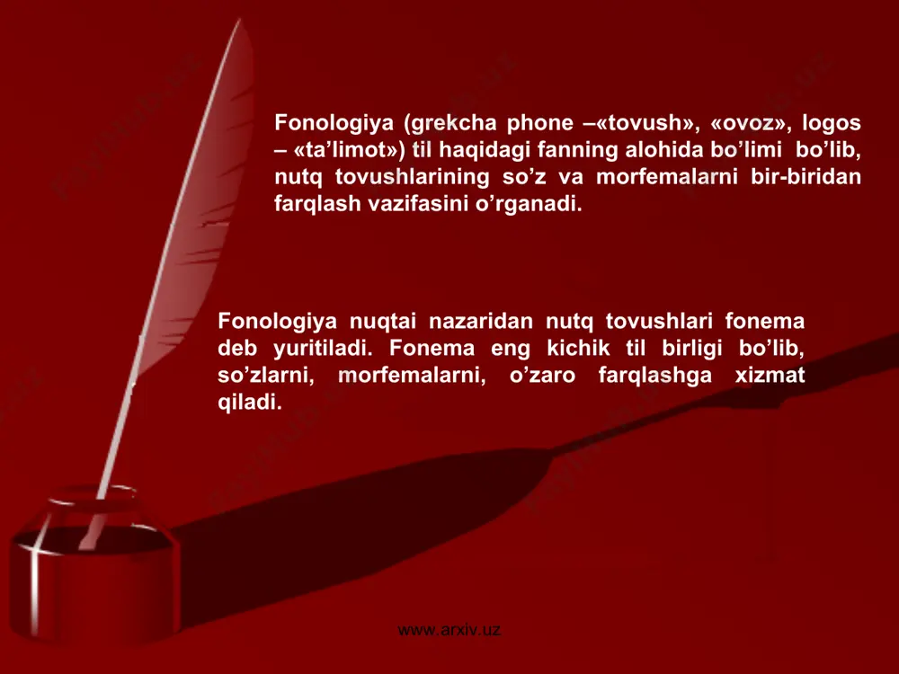 ida ro‘yobga chiqadi. nutq tovushi o‘zida uch jihatni birlashtirgan murakkab nutqiy birlik sifatida namoyon bo‘ladi. ular quyidagilar: a) talaffuz a’zolari bilan boshqariladigan markaziy nerv sistemasi mahsuli (fiziologik jihat); b) tabiatdagi har qanday tovush kabi akustik tabiatga ega (fizik, akustik jihat); d) kishilaming axborot uzatish, kommunikatsiya vositasi (funksional, sotsial, lisoniy jihat). www.arxiv.uz www.arxiv.uz nutq tovushining haqiqiy va muhim jihati — uning funksional aspekti. tilshunoslikda aytilgan uch jihatni yaxlitlikda o‘iganish yoki ajratgan holda tadqiq qilish masalasida bir xillik yo‘q. ba’zi mutaxassislar nutq tovushining fiziologik tomoni biologiya, akustik jihati fizika fanining o‘rganish predmeti bo‘lib, tilshunos uning faqat funksional tomoninigina tekshirishi lozim degan flkmi ilgari sursa, ayrimi har uchala jihat bir-biridan ajralmas, ulami yaxlitlikda o'rgavimoq kerak degan aqidaga tayanadi. ana shu ikki qarash kurashi natijasida tilshunoslikda ikki — fonetika va fonologiya sohalari ajraldi. pirovard natijada fonetika nutqiy variant (xususiylik)ni, fonologiya esa lisoniy invariant (umumiylik)ni tadqiq qilish bilan mashg‘ul bo‘ladigan bo‘ldi. www.arxiv.uz www.arxiv.uz fonetika va …