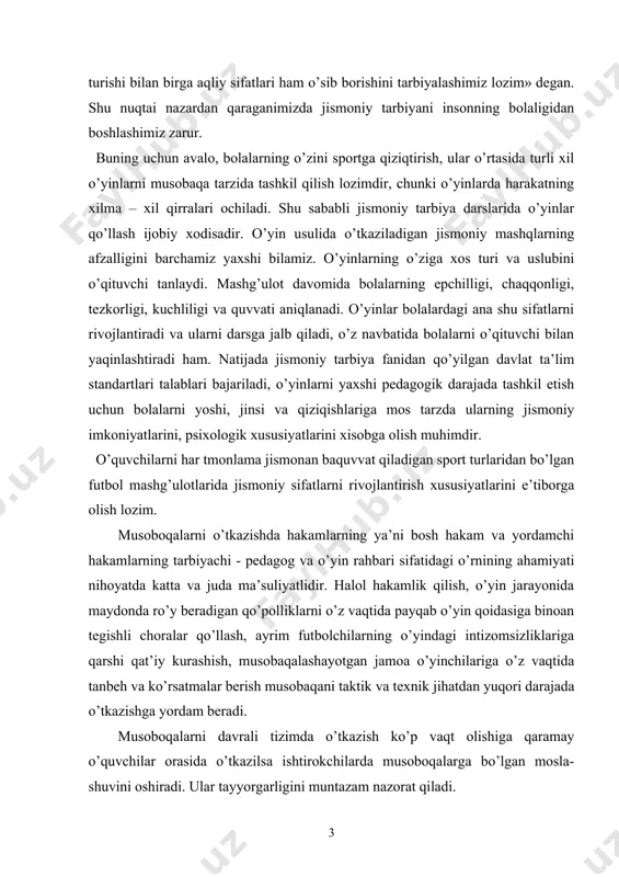 k xususiyatlarini xisobga olish muhimdir. o’quvchilarni har tmonlama jismonan baquvvat qiladigan sport turlaridan bo’lgan futbol mashg’ulotlarida jismoniy sifatlarni rivojlantirish xususiyatlarini e’tiborga olish lozim. musoboqalarni o’tkazishda hakamlarning ya’ni bosh hakam va yordamchi hakamlarning tarbiyachi - pedagog va o’yin rahbari sifatidagi o’rnining ahamiyati nihoyatda katta va juda ma’suliyatlidir. halol hakamlik qilish, o’yin jarayonida maydonda ro’y beradigan qo’polliklarni o’z vaqtida payqab o’yin qoidasiga binoan tegishli choralar qo’llash, ayrim futbolchilarning o’yindagi intizomsizliklariga qarshi qat’iy kurashish, musobaqalashayotgan jamoa o’yinchilariga o’z vaqtida tanbeh va ko’rsatmalar berish musobaqani taktik va texnik jihatdan yuqori darajada o’tkazishga yordam beradi. musoboqalarni davrali tizimda o’tkazish ko’p vaqt olishiga qaramay o’quvchilar orasida o’tkazilsa ishtirokchilarda musoboqalarga bo’lgan mosla-shuvini oshiradi. ular tayyorgarligini muntazam nazorat qiladi. ishning maqsadi – futbol musoboqalarini o’tkazishda musoboqa turlarini aniqlab davrali tizim, mag’lubiyatdan keyin o’yindan chiqib ketish tizimi, ikki mag’lubiyatdan keyin o’yindan chiqib ketish tizim va aralash tizimlarda musoboqalarni tashkil qilish va o’tkazish o’rganishdan iborat. tadqiqot ob’ekti - “nasaf” pfk …