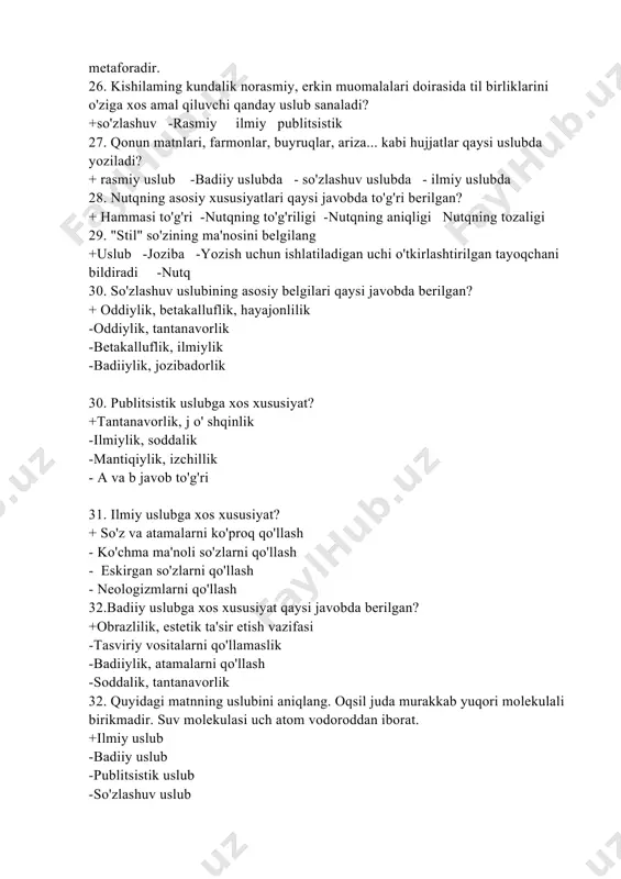 h atom vodoroddan iborat. +ilmiy uslub -badiiy uslub -publitsistik uslub -so'zlashuv uslub 33. qanday hollarda nutq to'g'ri bo'lmasligi mumkin? +adabiy til normalari buzilsa - talaffuz normalari buzilsa - adabiy til normalariga rioya qilinganda -avav 34. turkiy o‘zbek tilning rivоjidа kimning hissаsi kаttа? +аlishеr nаvоiy -аmir tеmur -аhmаd yassаviy -zаhiriddin muhаmmаd bоbur 35. “devonu lug‘atit turk” asarining muallifi kim? + mahmud qoshg‘ariy - yusuf xos hojib - ahmad yugnakiy - alisher navoiy 36. yusuf xos hojib qaysi asarning muallifi? + qutadg‘u bilig - hibatul haqoyiq - devonu lug‘atit turk - xamsa 37. o‘zbek tili qaysi tillar oilasiga kiradi? + oltoy tillar oilasining turkiy turkumiga - hind-yevropa tillari oilasining eron turkumiga - hind-yevropa tillari oilasining slavyan tillari turkumiga - oltoy tillar oilasining eron turkumiga 38. so’zlarning shakl va ma’no munosabatiga ko’ra turlarini toping +sinonim, antonym, paronim, omonim -varvar, vulgar, jargon -metafora, metanomiya, sinekdoxa -to’g’ri javob yo’q 39. qaysi uslubda fan va texnikaning …