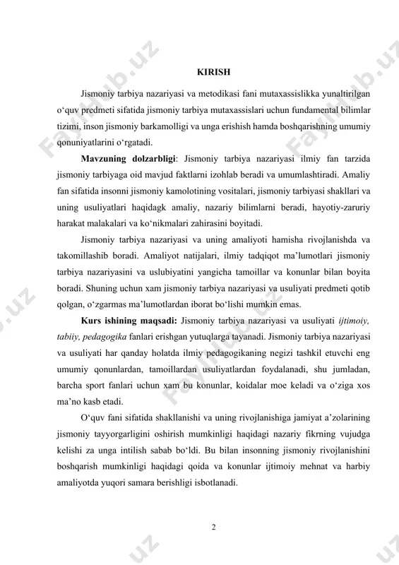 shiga jamiyat a’zolarining jismoniy tayyorgarligini oshirish mumkinligi haqidagi nazariy fikrning vujudga kelishi za unga intilish sabab bo‘ldi. bu bilan insonning jismoniy rivojlanishini boshqarish mumkinligi haqidagi qoida va konunlar ijtimoiy mehnat va harbiy amaliyotda yuqori samara berishligi isbotlanadi. kurs ishining vazifalari: jismoniy tarbiya nazariyasi va metodikasining mazmuniga kuyidagilar kiradi: - jismoniy tarbiya za uni ijtimoiy hodisa tarzida jamiyat mahsuli tarbiyaning boshqa shakllari bilan bog‘liqligiga oid bilimlar; - jismoniy madaniyatning maksadi, uning umumiy vazifalari va nazariy tamoillari; - jismoniy tarbiyaning vositalari va uni usuliyatlarining tamoillari; - harakatga o‘rgatish, o‘kitishning uslubiyatlari; - jismoniy sifatlarni rivojlantirish; - jismoniy mashqlar va uni o‘qitish jarayonining tuzil i shi; - jismoniy mashklar bilan shug‘ullanish mashg‘ulotlarini tashkillashning shakllari; - jismoniy tarbiya jarayoni va uni rejalashtirish; - jismoniy tarbiya uslubiyatining xususiyatlari; - maktabgacha yoshdagi va maktab yoshidagi bolalar jismoniy tarbiyasi; - sport trenirovkasi jarayoni xarakteristika. pedagogik jarayon tarzida jismoniy tarbiyaning umumiy qonuniyatlari jismoniy tarbiya nazariyasining o‘rganish pred meti hisoblanadi. …