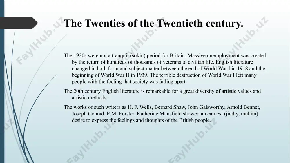 rt for literature. at twenty-one, he published his first work “mosada”, a drama written in verse (she’r). during the 1890s and 1900s he published many volumes of poems, which were symbolic in manner, drawing his imagery from irish myth and folklore. the most important collections of that period were: “the wandering of oisis” (1891), “the wind among the reeds” (1899), “the rose” (1903), “green helmet and other poems” (1912). william butler yeats (1865-1939) w.b.yeats contributed a great deal to the irish national theatre. writing for the stage impressed yeats with the importance of precise (tushunarli, ravon), spare language. his best known plays are “the countess cathleen” (1892), “deirdre” (1907). the latter derived from celtic mythology. during the 1920s yeats became more prominent in both policy and literature. he became a senator in the irish free state in 1922 and in 1923 received the noble prize for literature. in 1925 yeats …