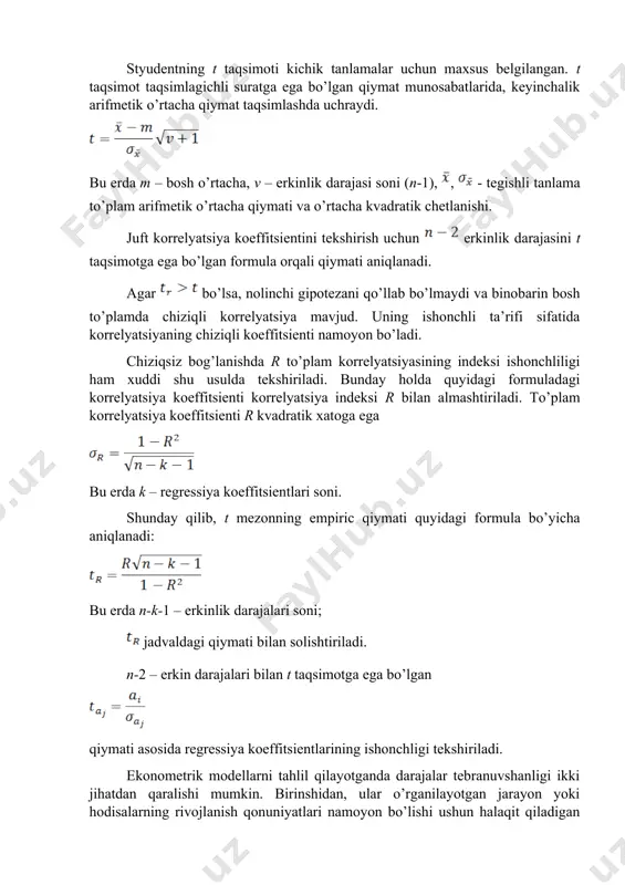 tida bartaraf qilish yoki juda bo’lmaganda ta’sir kuchini zaiflashtirish yo’llarini topish va ilmiy asoslash zaruriyati tug’iladi. darbin – uotson mezoni avtokorrelyatsiya - bu keyingi darajalar bilan oldingilari o’rtasidagi yoki haqiqiy darajalari bilan tegishli tekislangan qiymatlari o’rtasidagi farqlar orasidagi korrelyatsiyadir. hozirgi vaqtda avtokorrelyatsiya mavjudligini tekshirishda darbin – uotson mezoni qo’llanadi: dw mezonning mumkin bo’lgan qiymatlari 0–4 oraliqda yotadi. agar qatorda avtokorrelyatsiya bo’lmasa, uning qiymatlari 2 atrofida tebranadi. hisoblab topilgan haqiqiy qiymatlari jadvaldagi kritik qiymat bilan taqqoslanadi. agarda bo’lsa, qator avtokorrelyatsiyaga ega; yuqori bo’lsa u avtokorrelyatsiyaga ega emas; yuqori bo’lsa, tekshirishni davom ettirish lozim. bu erda va – mezonning quyi va yuqori shegaralari. salbiy avtokorrelyatsiya mavjud (minus ishoraga ega) bo’lsa, u holda mezon qiymatlari 2–4 orasida yotadi, demak, tekshirish ushun qiymatlarini aniqlash kerak. vaqtli qatorlarning keyingi va oldingi hadlari o’rtasidagi korrelyatsion bog’lanish hisoblanadi. avtokorrelyatsiyaning mavjuligi qatorlar dinamikasi darajalarining o’zaro boliqligidan, keyingi hadlarning oldingi hadlarga kuchi darajada boliqligidan dalolat beradi. chunki korrelyatsion tahlil …