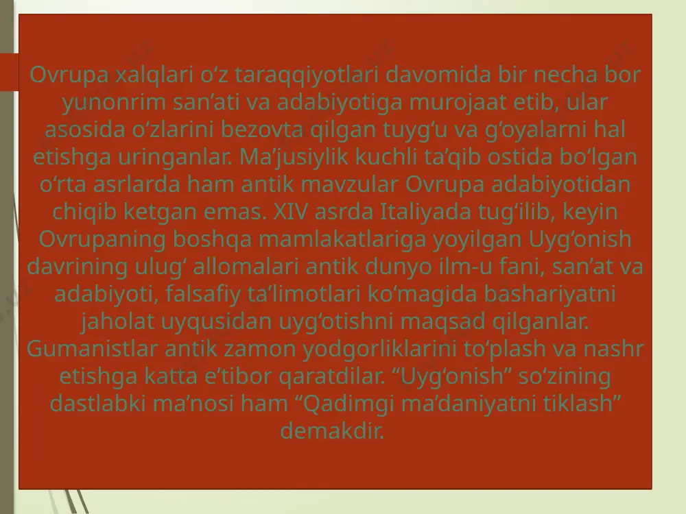 a bir necha yil sitsiliya orolida quvg‘inlikda bo‘lgan. vataniga qaytib kelgach, maktab ochib, bu yerda yosh qizlarni turli bilimlarga: musiqa, ashula, raqs va she’r to‘qishga o‘rgatadi. maktabda nafaqat yunonistonning uzoq-yaqin yerlaridan, hattoki boshqa mamlakatlardan kelgan qizlar ta’lim olgan tangri ulkim, sening jamoling, husn ichra buyuk kamoling ko‘z oldida erur har zamon. bahra olur takallumingdan, lazzat topur tabassumingdan, muhabbating mulkiga sulton. sening chehrang, go‘zal dilrabo, ko‘z oldimda bo‘lganda paydo ko‘ksim yonur, tilim bo‘lur lol. goh muz titroq chirmashar tanga, goh vujudim chulg‘ar alanga, men behudman, men oshuftahol. borlig‘imda otash hayajon, ko‘z oldimni qoplab zimiston, oyog‘imda turolmam xasta. boshlarimdan quyar sovuq ter, so‘lgan o‘tman, tortar meni yer, nafasim yo‘q, so‘naman asta... (erkin vohidov tarjimasi) zevs va smela dionis amvroziya difiramb prolog yoki ekspozitsiya xor voqeani aytib bergan aktyor va korifey eksod esxil – tragediyalar otasi qahramon hayoti uchta tragediyada aks ettiriladi va mifologik syujet asosida yozilgan satirlar dramasi bilan yakunlangan. qadimgi adabiyotshunoslarning …