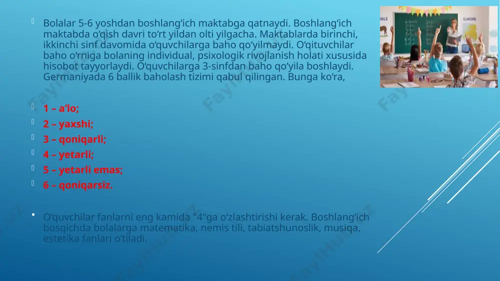 a kuchli kadrlar tayyorlaydi. bu yerda o‘qiydigan 25 ming talabaning 12 foizi xorijliklardir. myunxendagi lyudvig-maksimillian universiteti yevropani tibbiyot bo‘yicha yetuk mutaxassislar bilan taʼminlaydi. besh asrlik tarixga ega bo‘lgan taʼlim maskanida ayni paytda 45 ming talaba tahsil oladi. kasbiy oliy maktablar yoki institutlar olmon taʼlim tizimining o‘ziga xos bo‘g‘ini sifatida muhandis, iqtisodchi, dizayner, mashinasozlik, ishlab chiqarish, axborot texnologiyalari va sog‘liqni saqlash yo‘nalishlarida mutaxassislar yetkazib beradi. maʼlumotlarga ko‘ra, germaniyaning 370dan ortiq oliy taʼlim muassasalarida 2 millionga yaqin talaba, jumladan, 246 ming xorijlik tahsil olmoqda. olmon yurti chet ellik talabalar soni bo‘yicha dunyoda aqsh va buyuk britaniyadan keyingi o‘rinda turadi. germaniyada ta’lim tizimi image1.png image2.png image3.png image4.png image5.png image6.png image7.png image8.png image9.png image10.png image11.png image12.png media1.mkv image13.png /docprops/thumbnail.jpeg